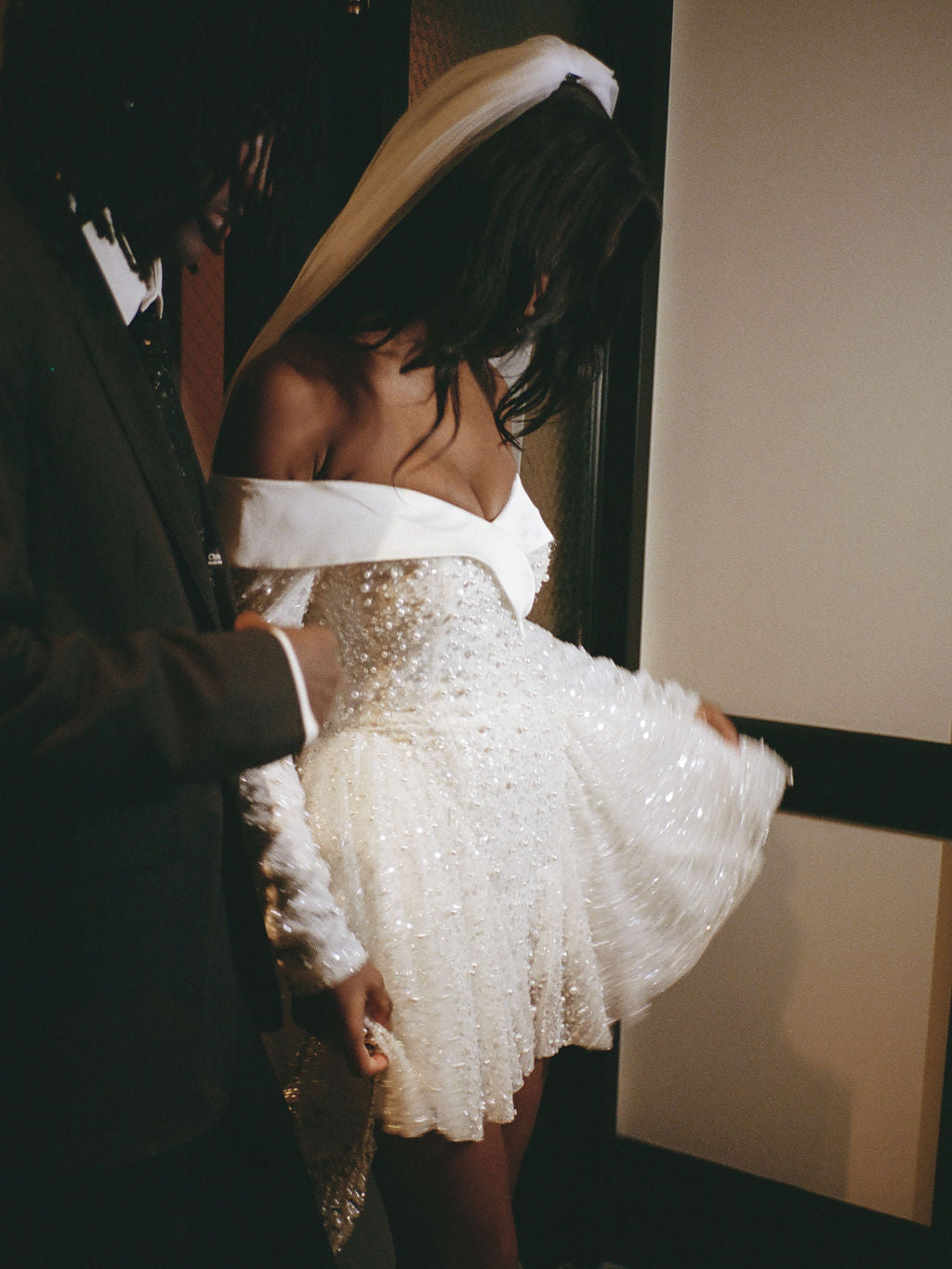 Kira Bead Embroidered Mesh Off Shoulder Long Sleeve Mini Dress