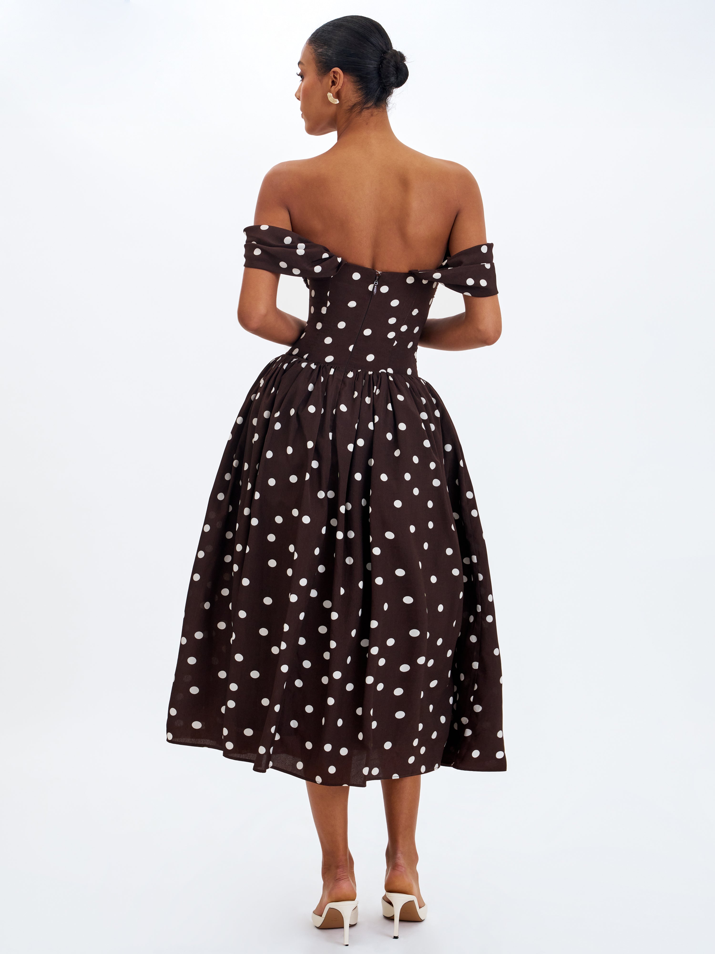 Xandie Mocha Polka Dot Off-Shoulder Midi Dress