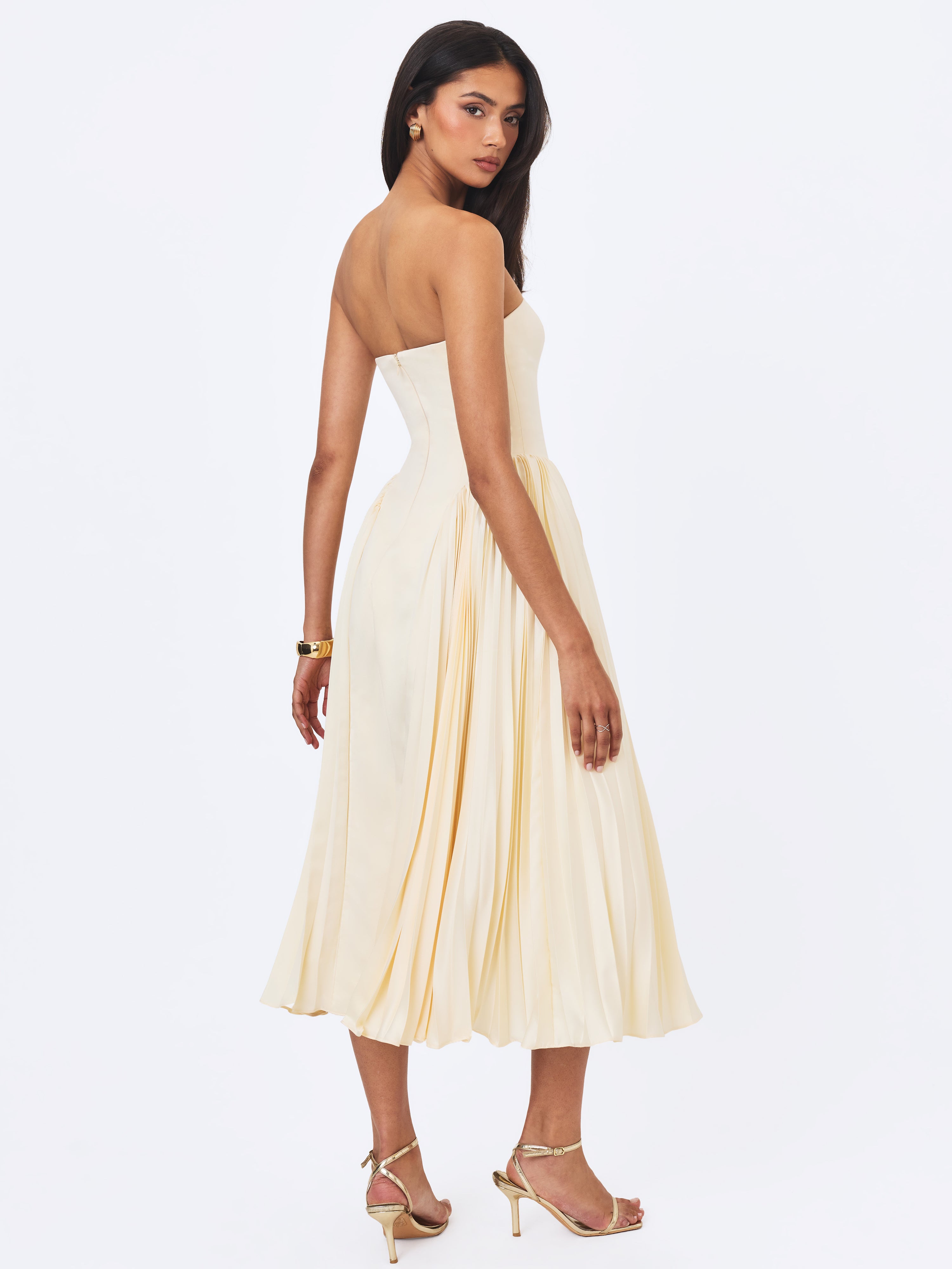 Marnie Butter Yellow Pleated Satin Midi Dress