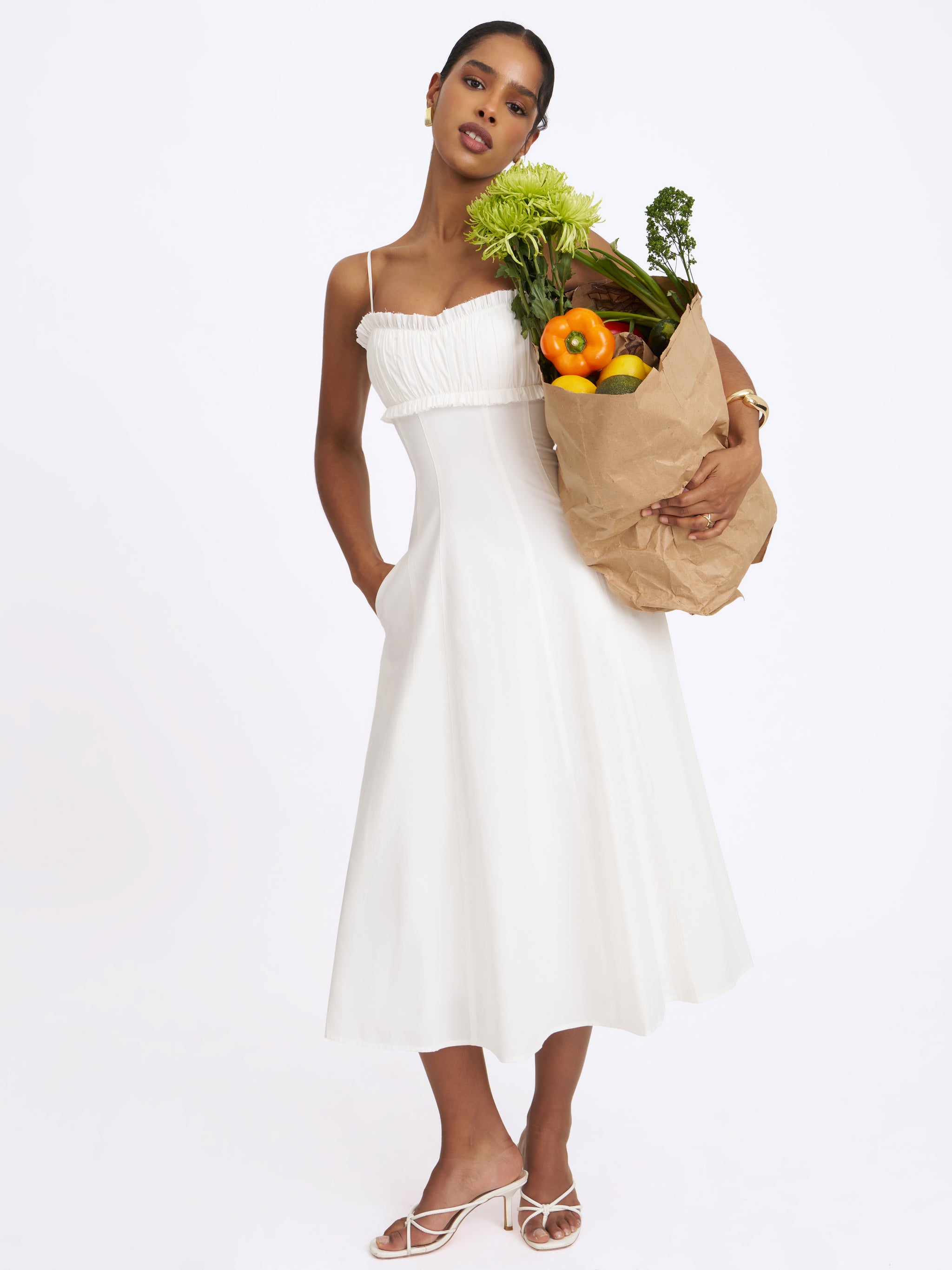 Vicenta White Cotton Poplin Ruched Midi Dress L / 8-10