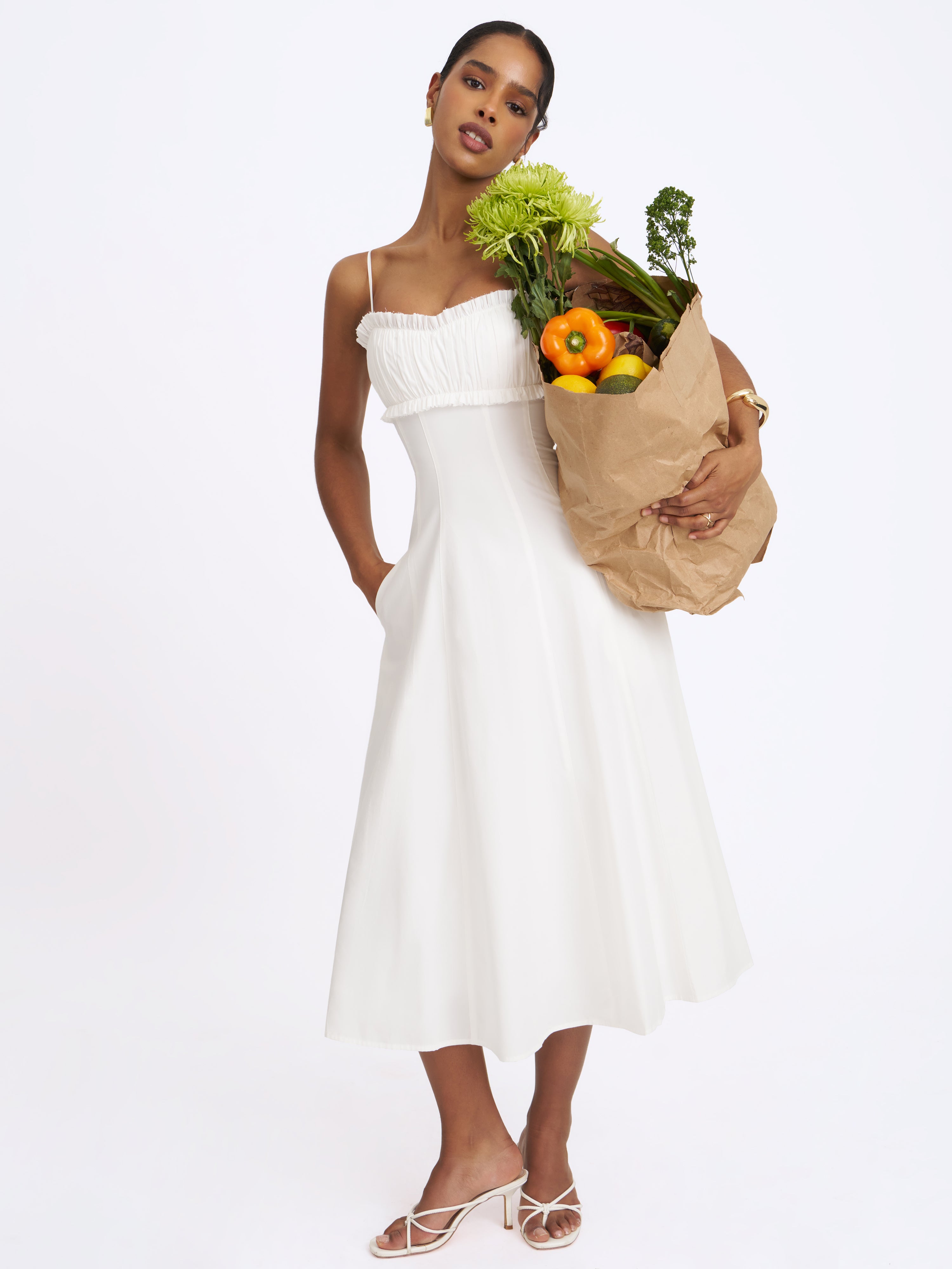Vicenta White Cotton Poplin Ruched Midi Dress