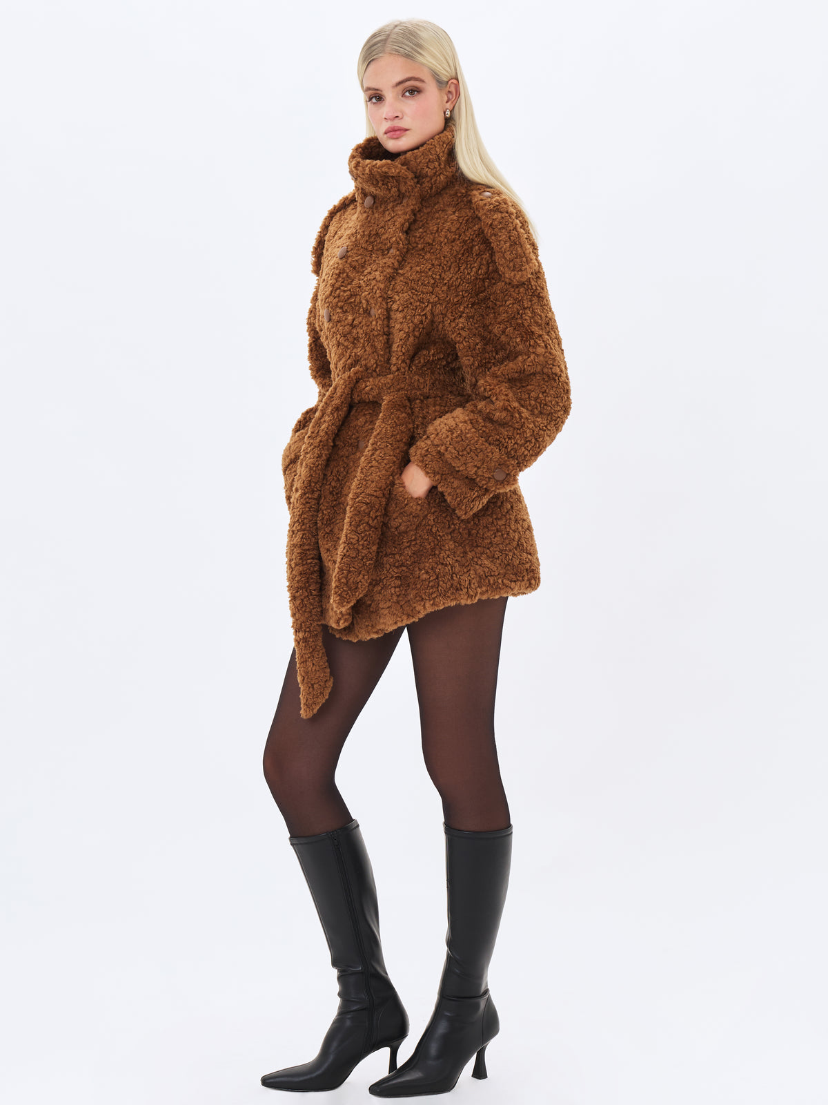 Marlow Chestnut Teddy Fur Funnel Collar Belted Mini Coat