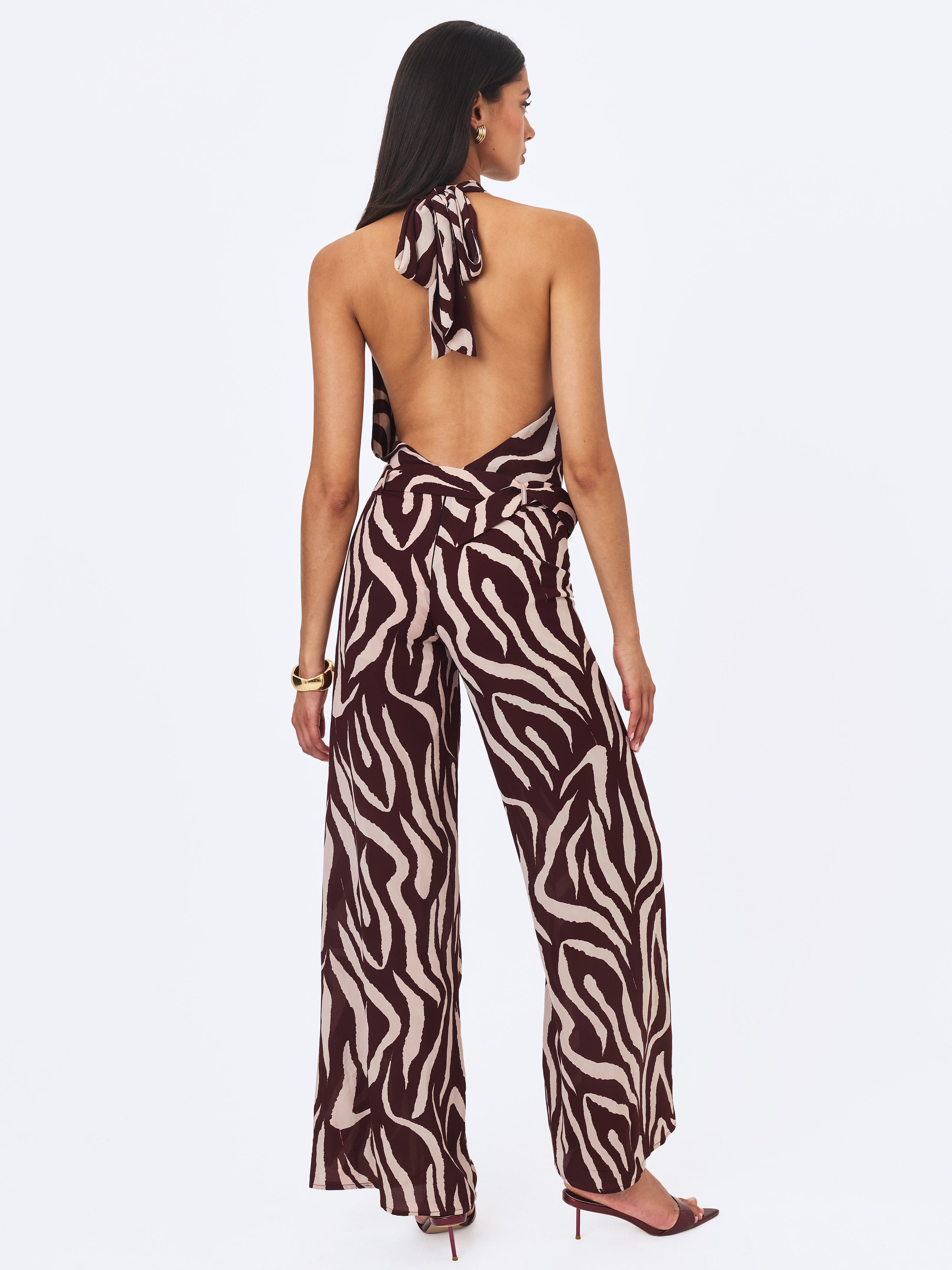 Ashlyn Burgundy & Beige Abstract Zebra Print Belted Halter Jumpsuit