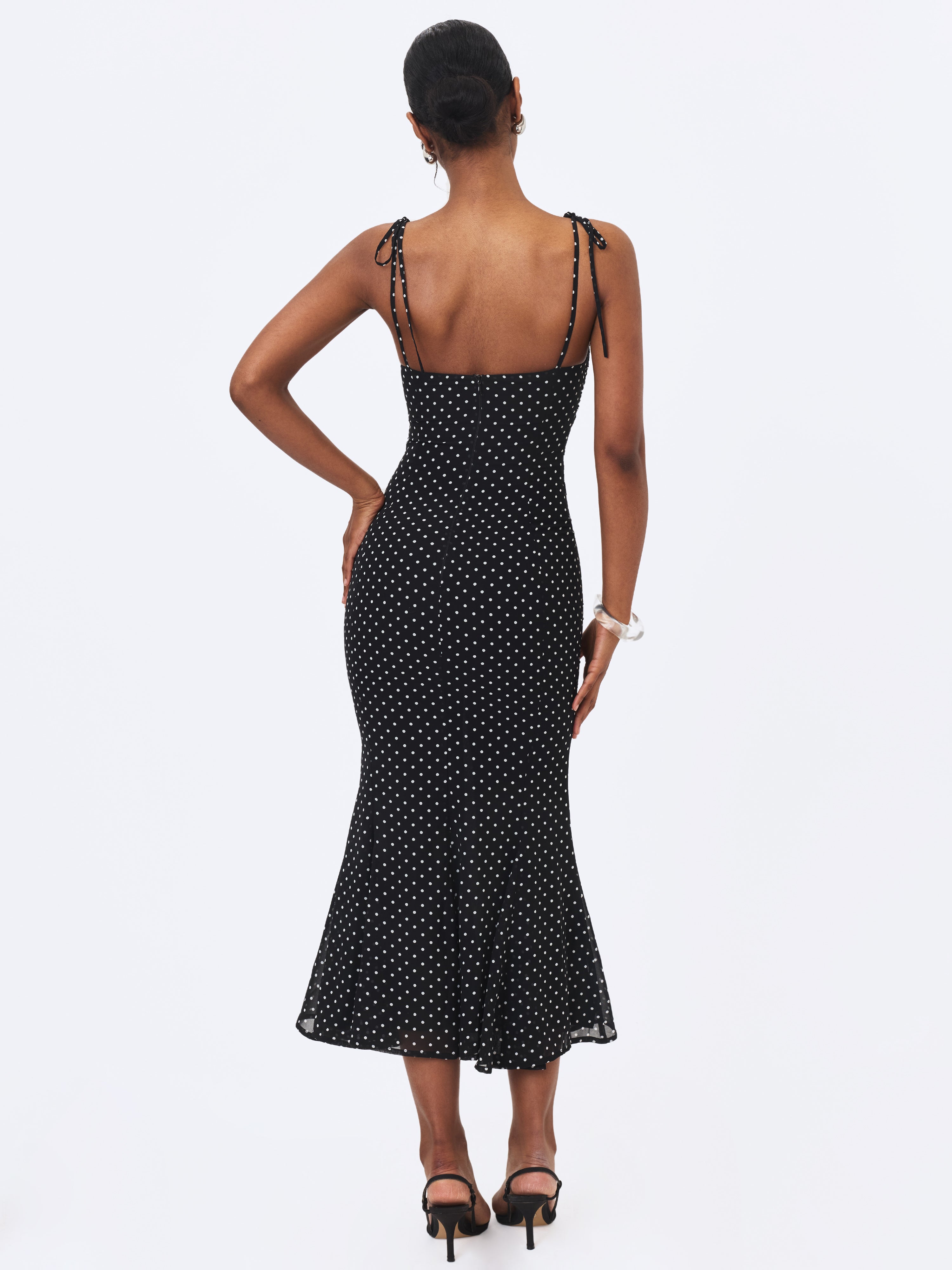 Zehra Black Polka Dot Chiffon Lace Cutout Mermaid Midi Dress
