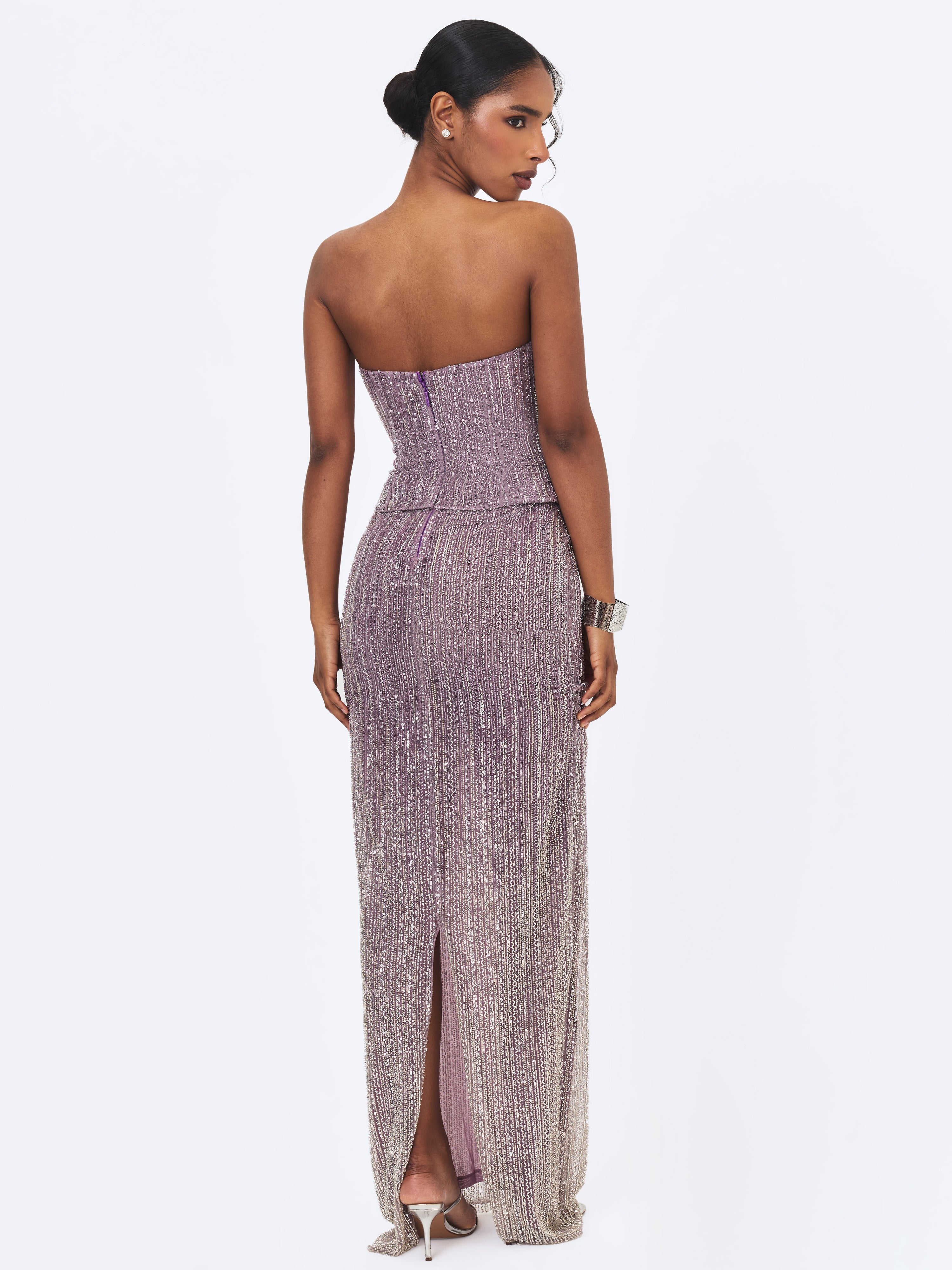Tosca Beaded Purple Gradient Strapless Peplum Maxi Dress