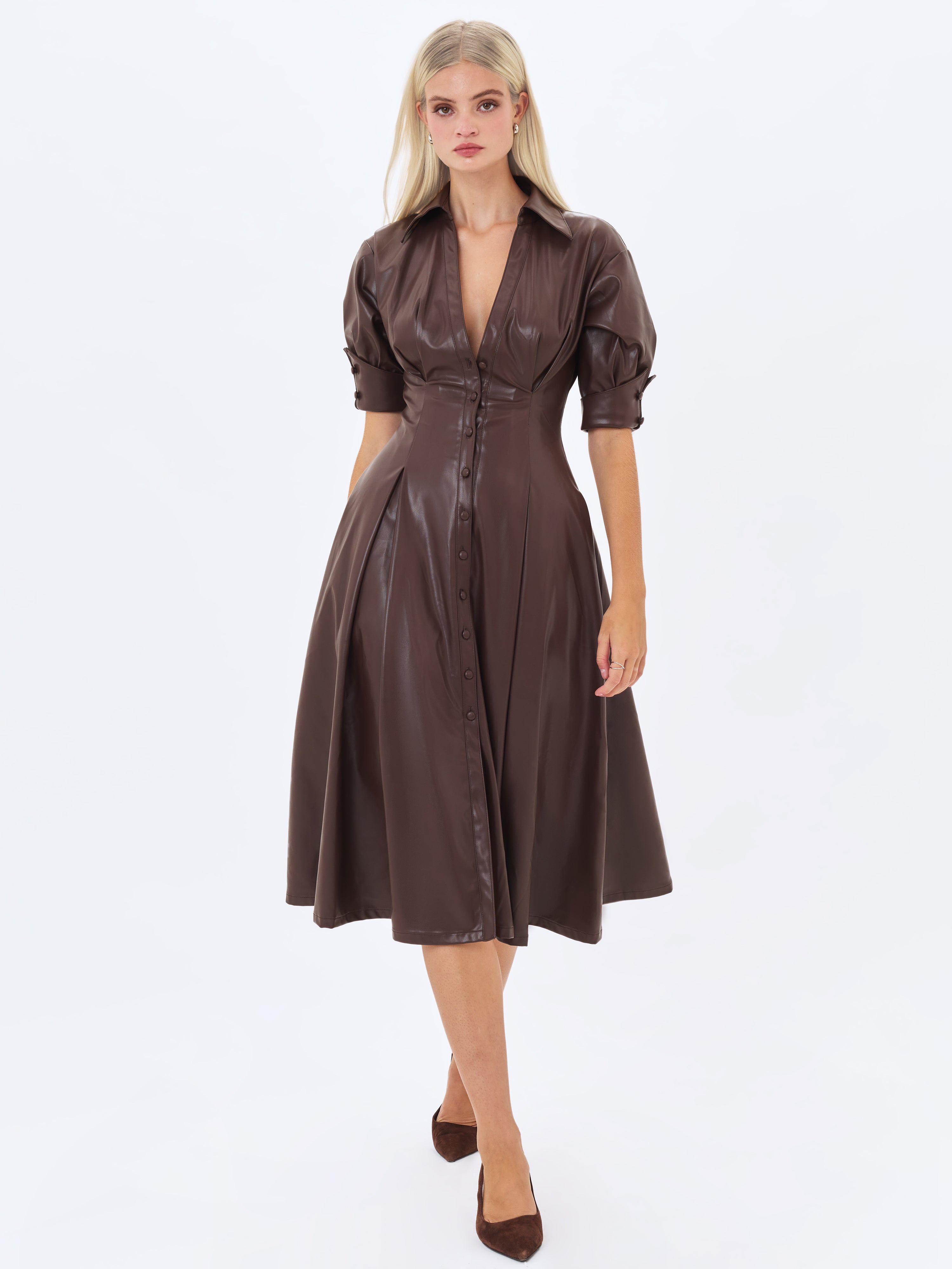Vilda Espresso Brown Faux Leather Pleated Midi Dress