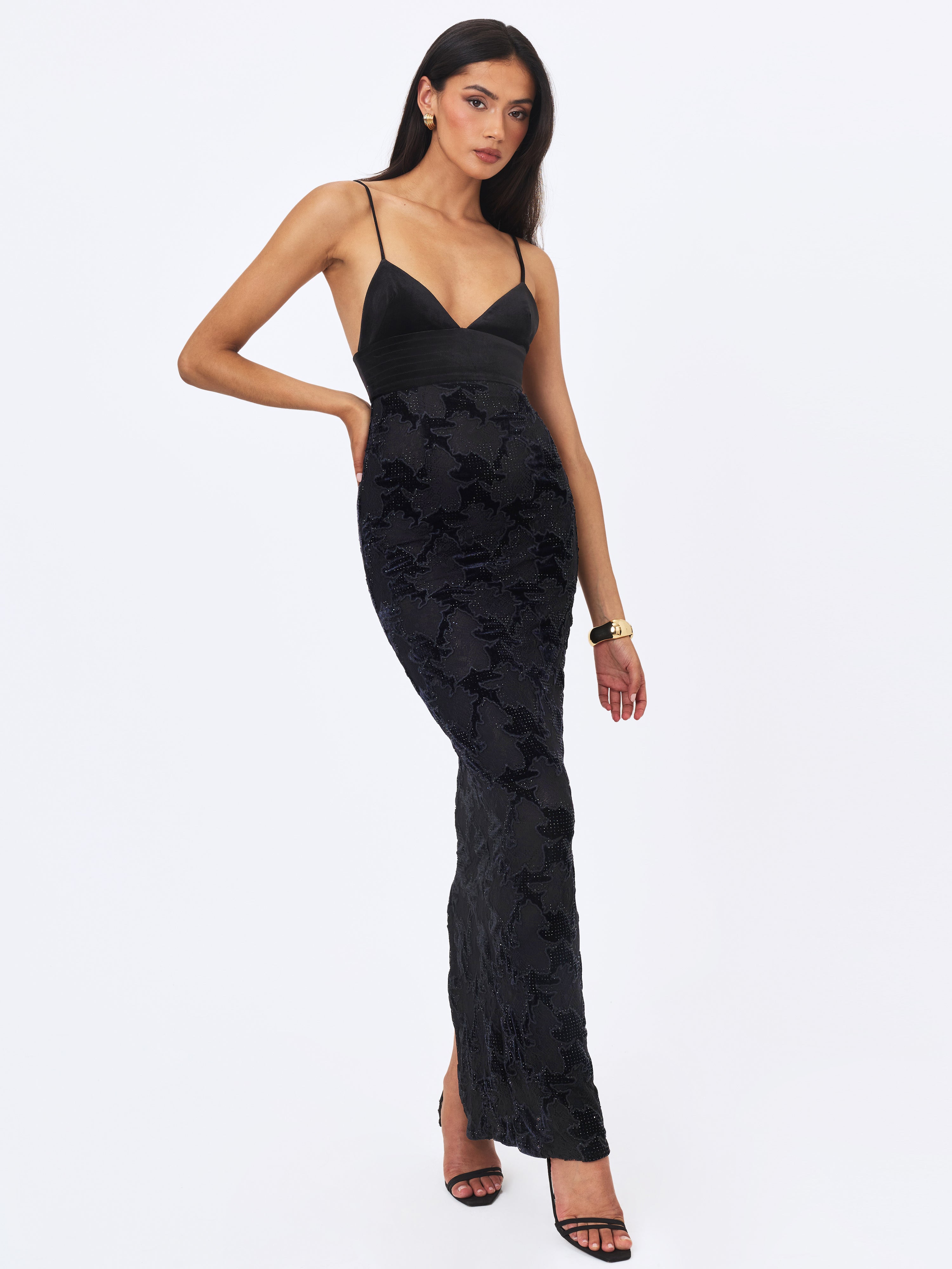 Quinsley Black Velvet Crystal Lace Maxi Dress