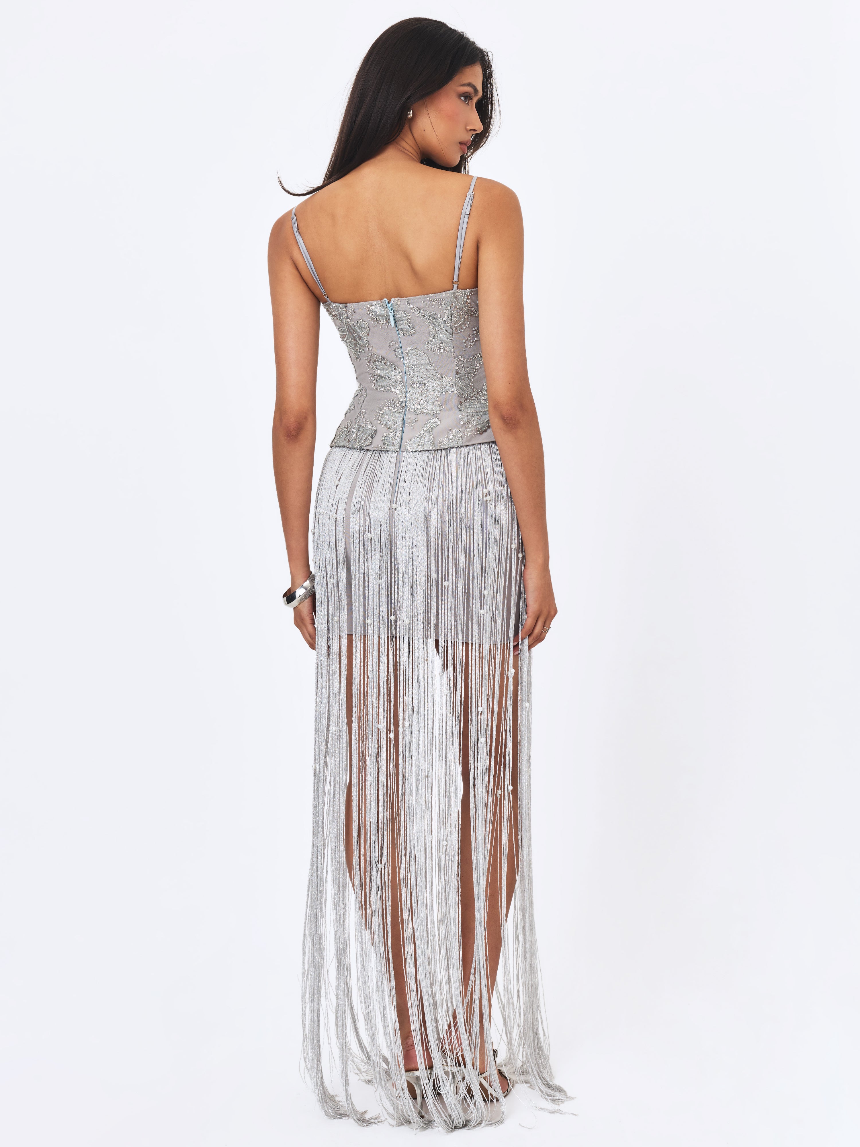 Olisa Silver Beaded Peplum Tassel Maxi Dress