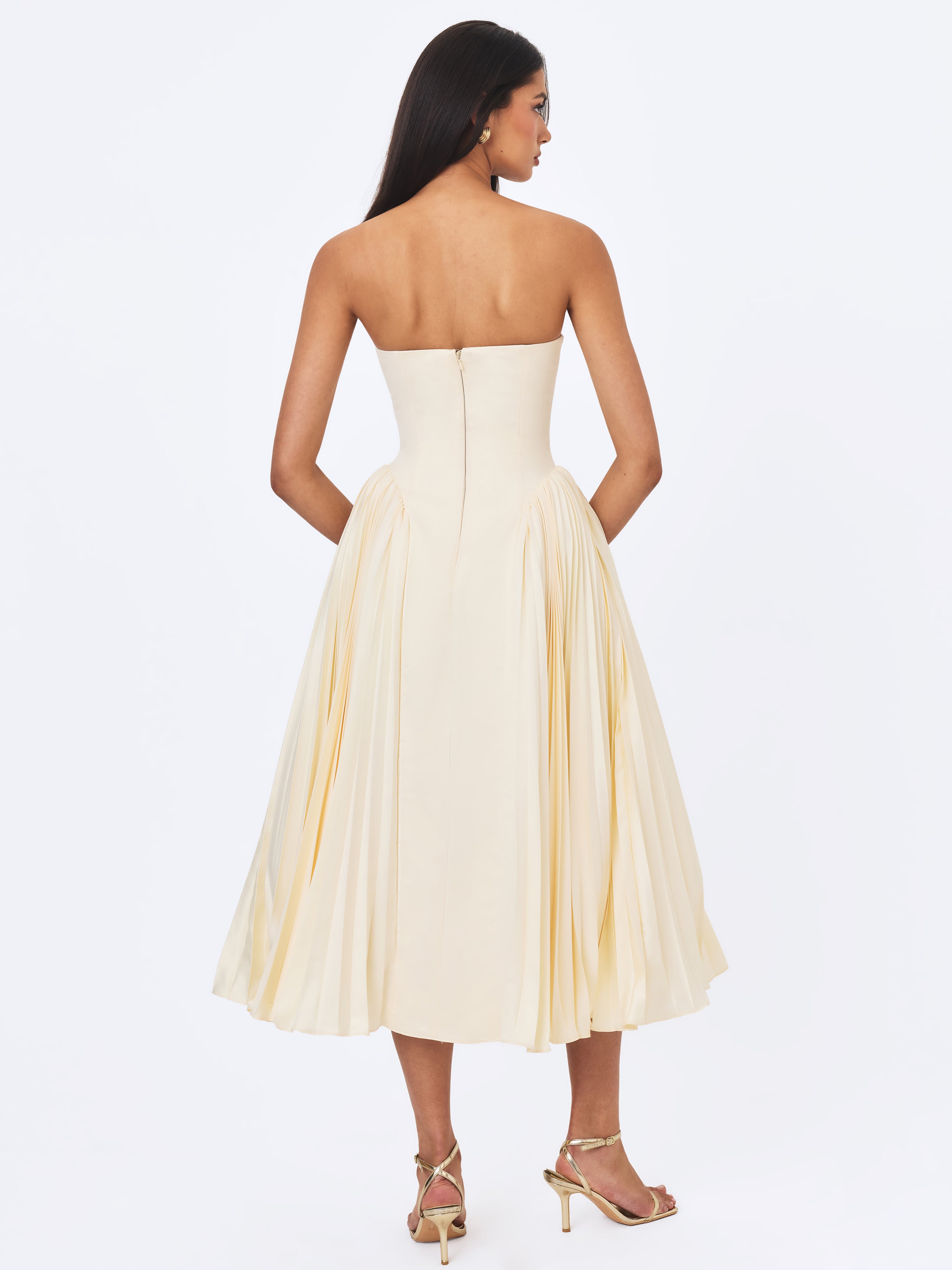 Marnie Butter Yellow Pleated Satin Midi Dress