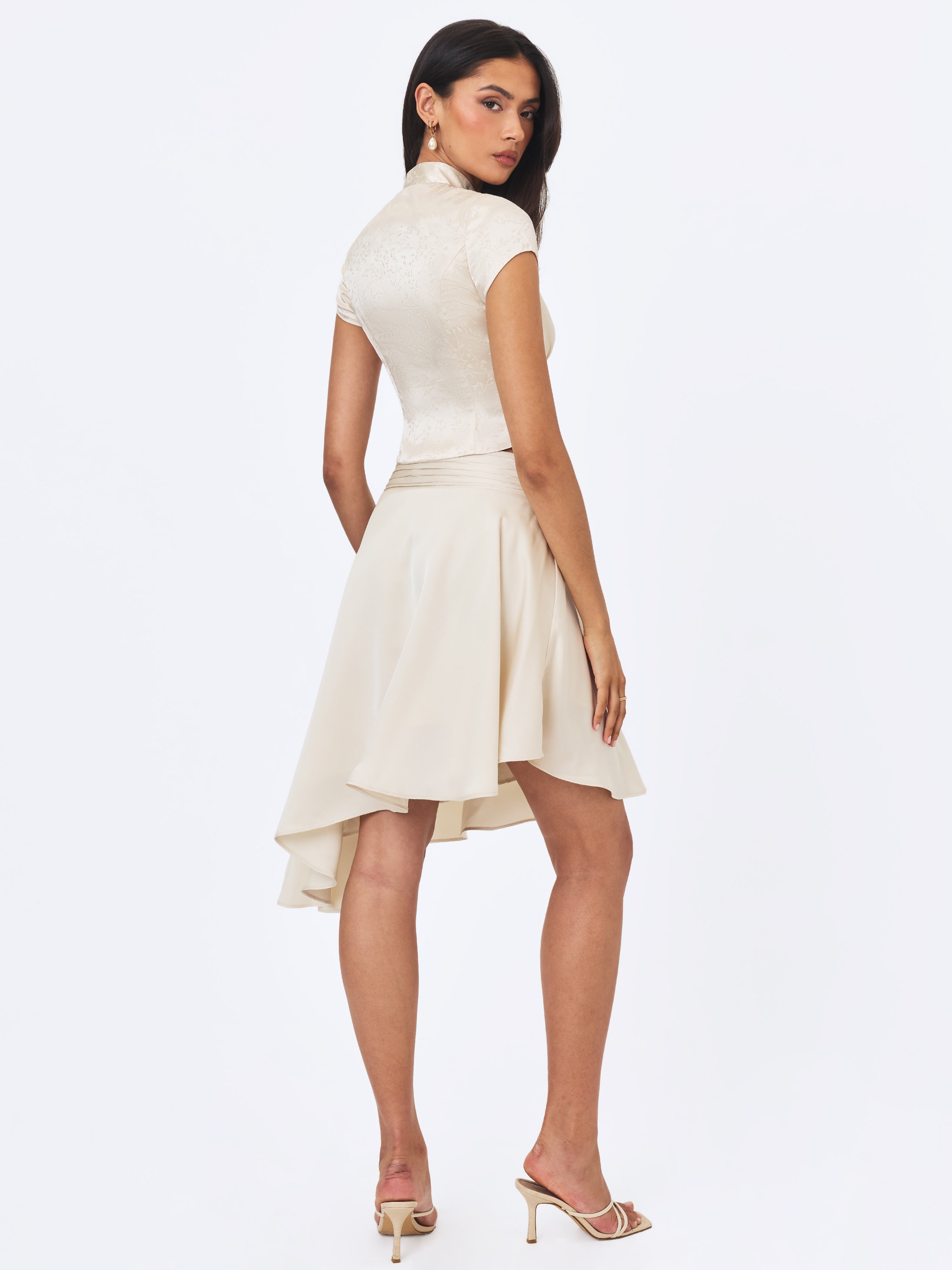 Galina Ivory Satin Asymmetrical Midi Skirt