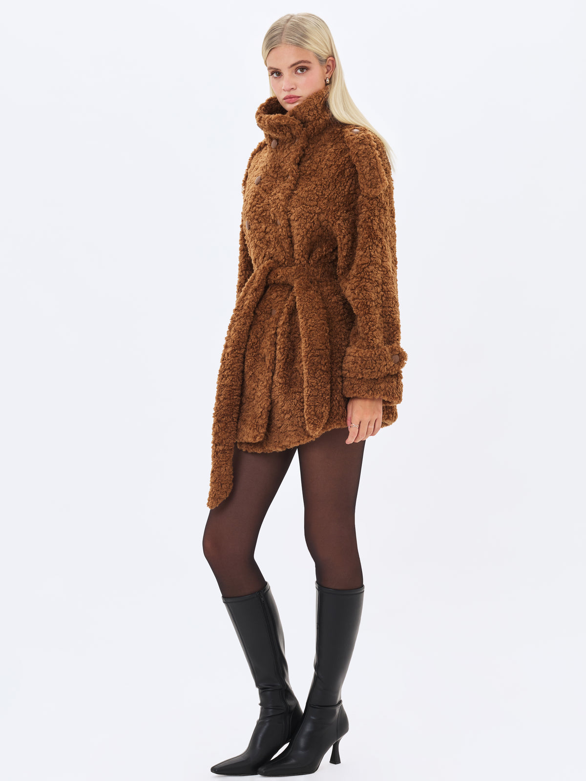 Marlow Chestnut Teddy Fur Funnel Collar Belted Mini Coat