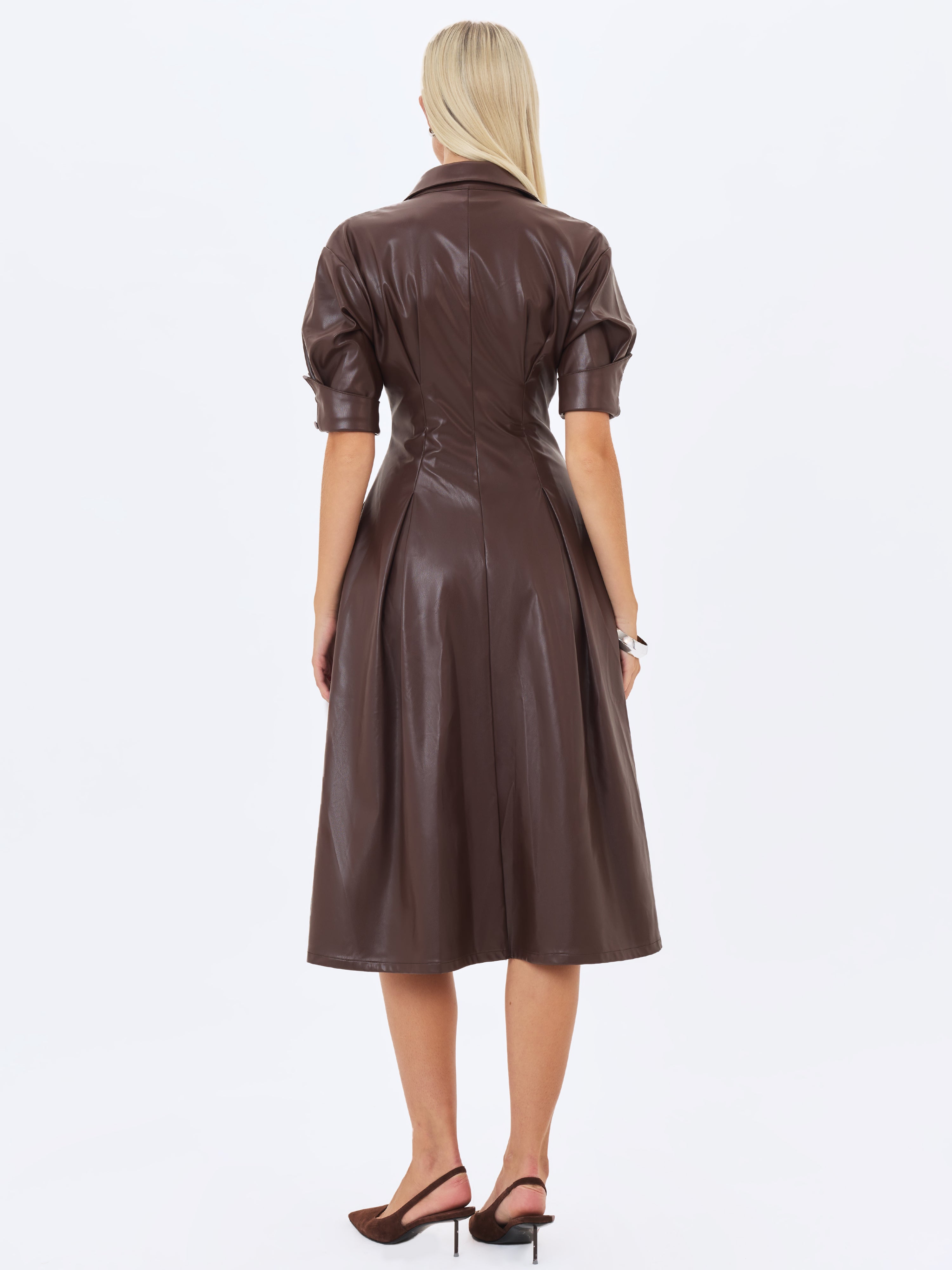 Vilda Espresso Brown Faux Leather Pleated Midi Dress