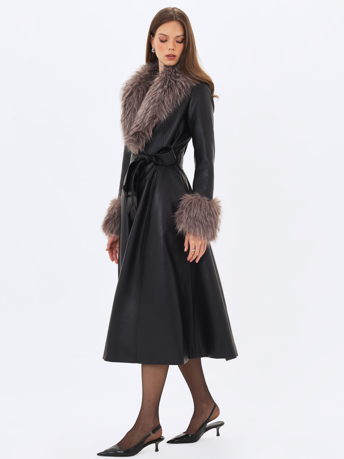 Nico Black Faux Leather Fur-Trimmed Belted A-Line Midi Coat