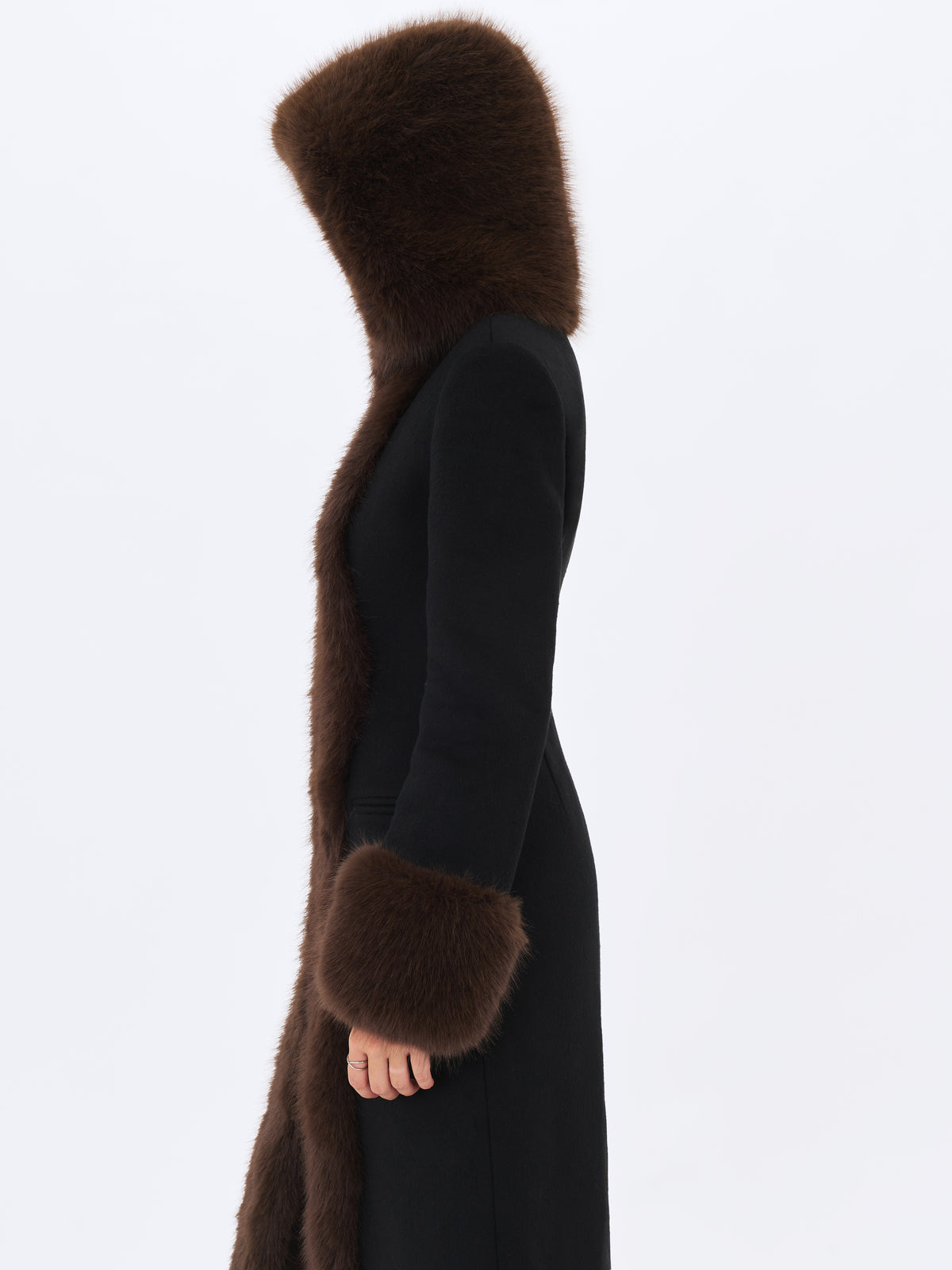 Sloan Black Wool Blend Sculpted Midi Coat with Fur Hood