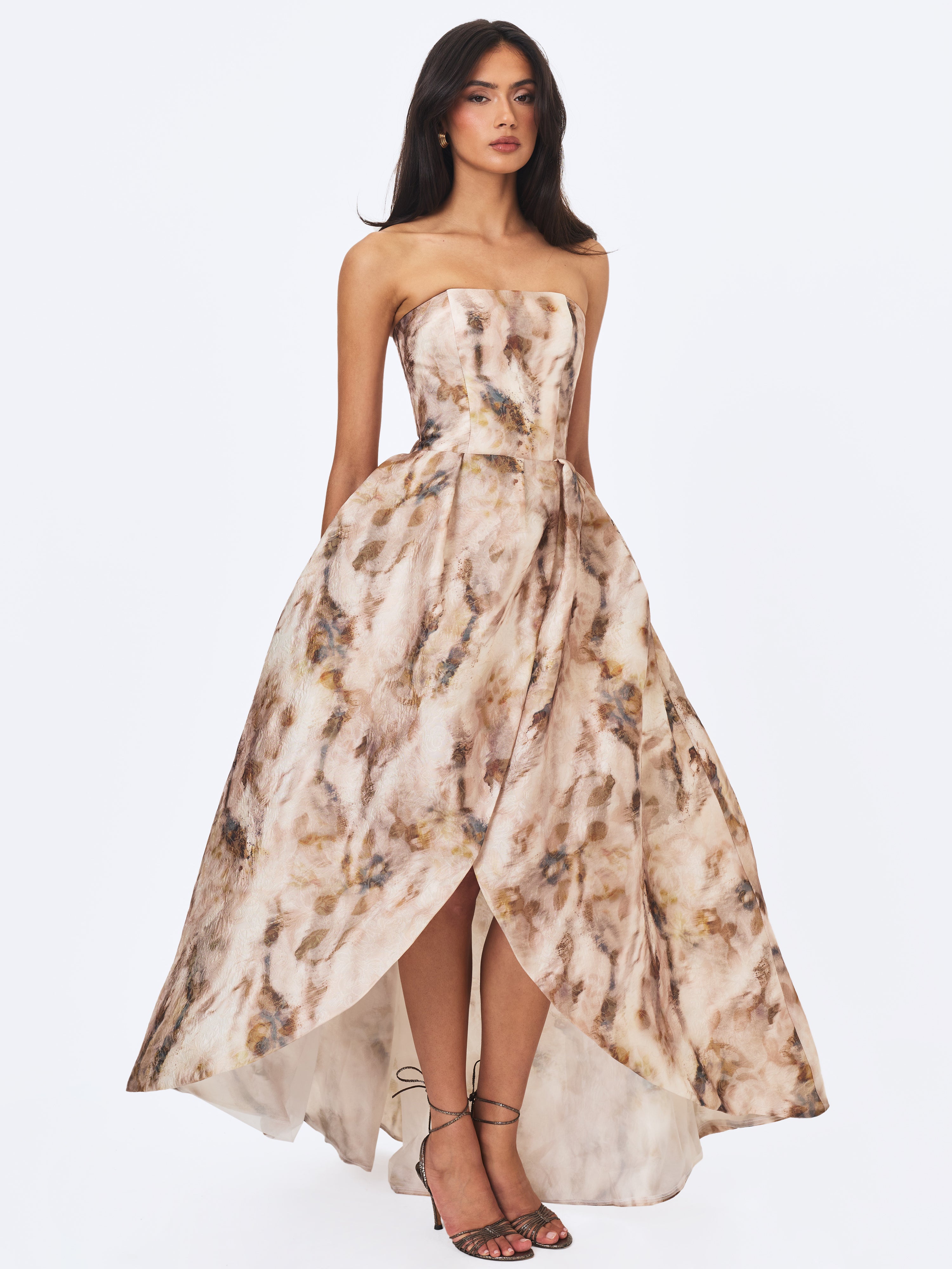 Micaela Camel Watercolor Jacquard Chiffon Dipped Hem Gown