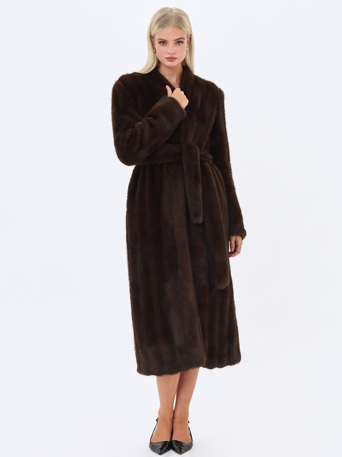 Celine Espresso Faux Mink Belted Longline Coat