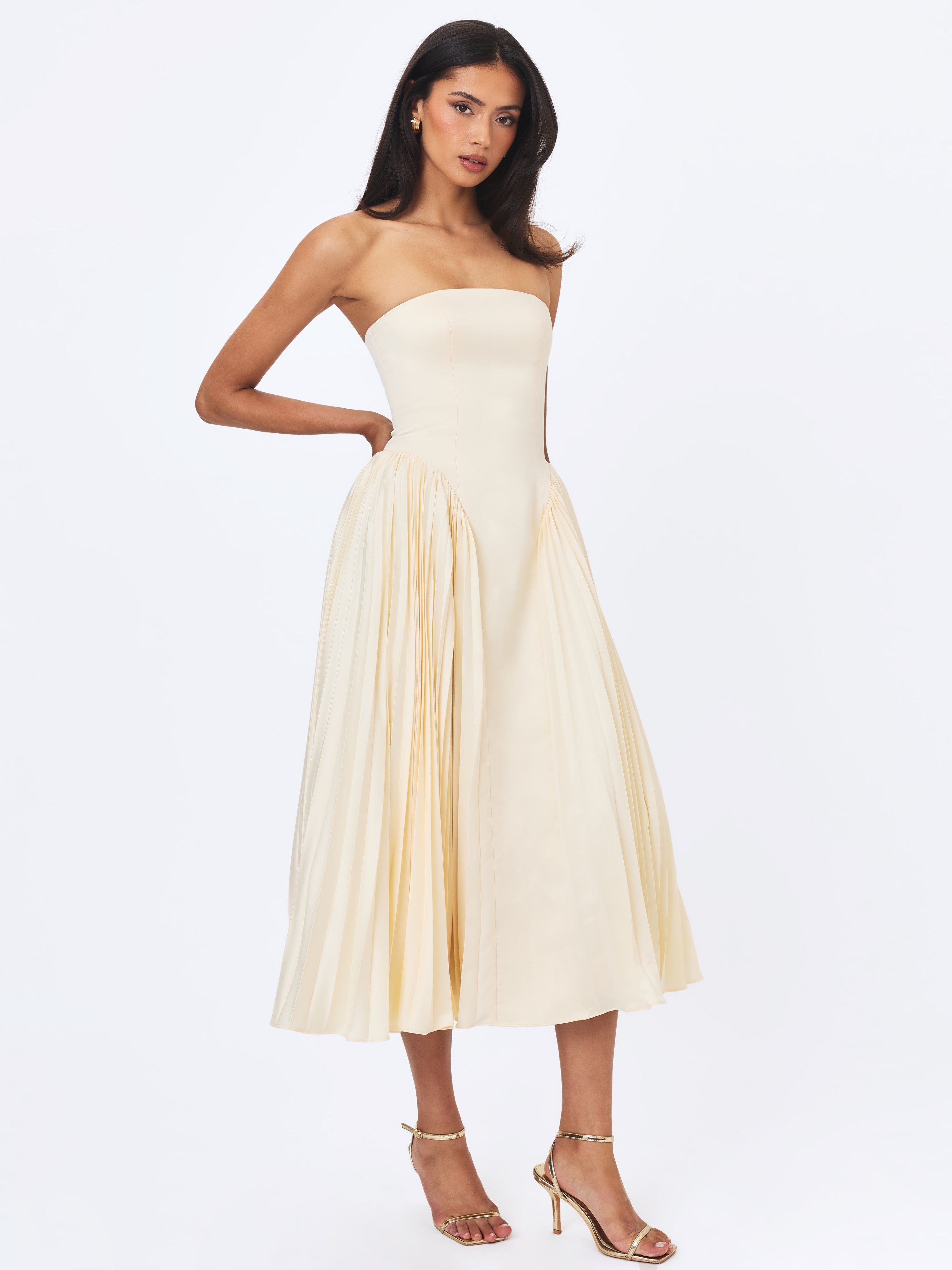 Marnie Butter Yellow Pleated Satin Midi Dress