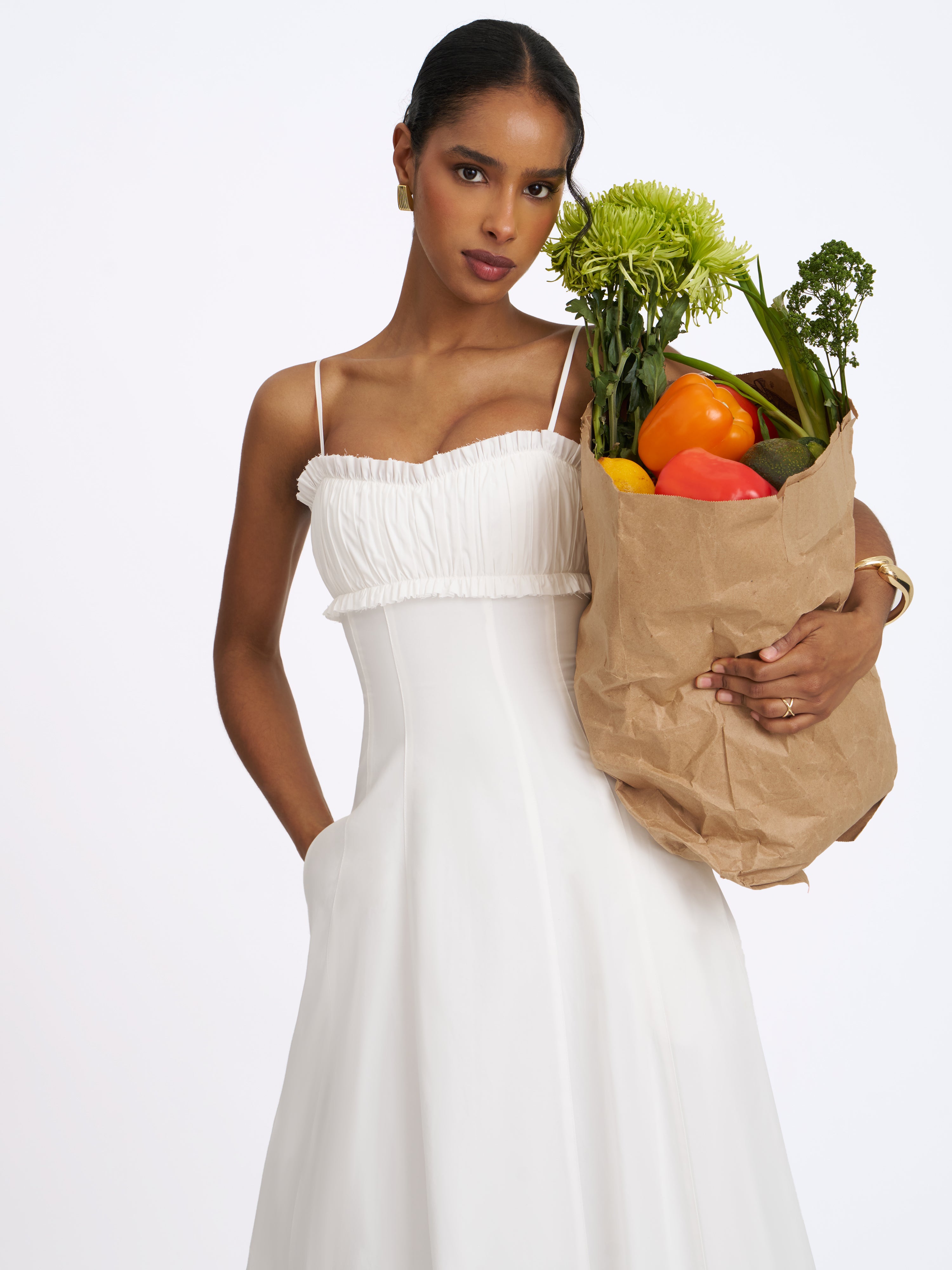 Vicenta White Cotton Poplin Ruched Midi Dress