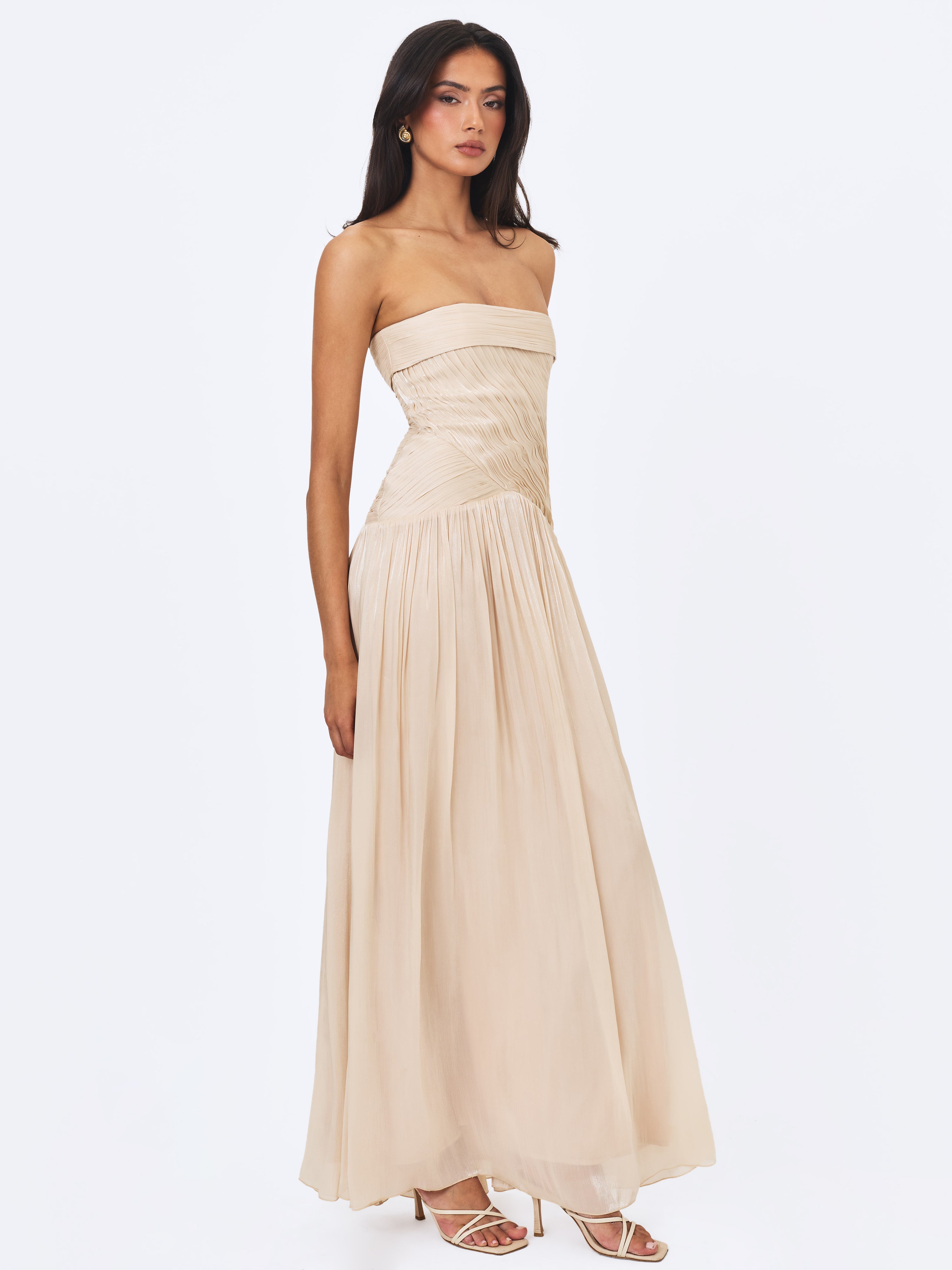 Olivine Light Beige Crystal Organza Strapless Maxi Dress