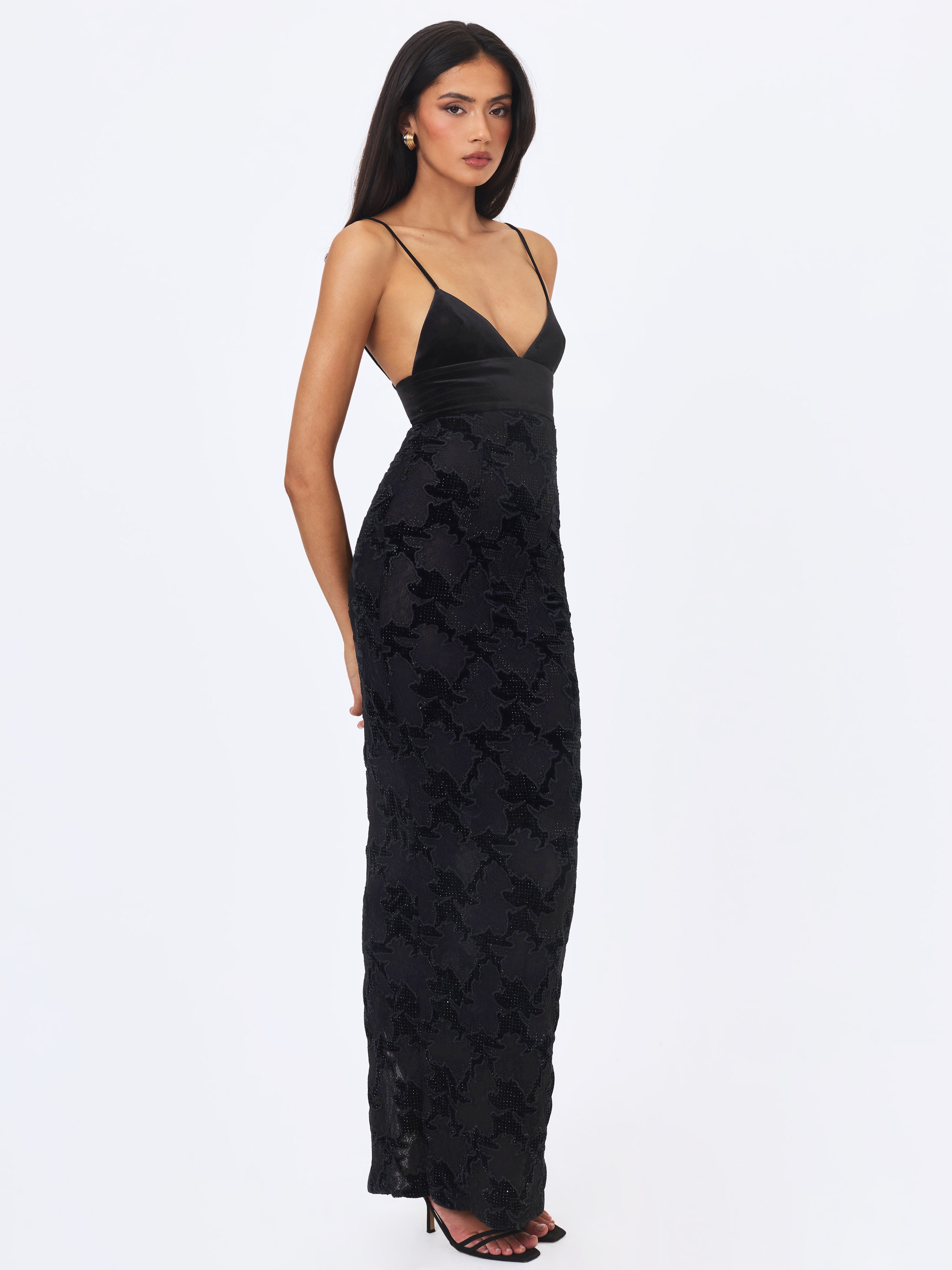 Quinsley Black Velvet Crystal Lace Maxi Dress