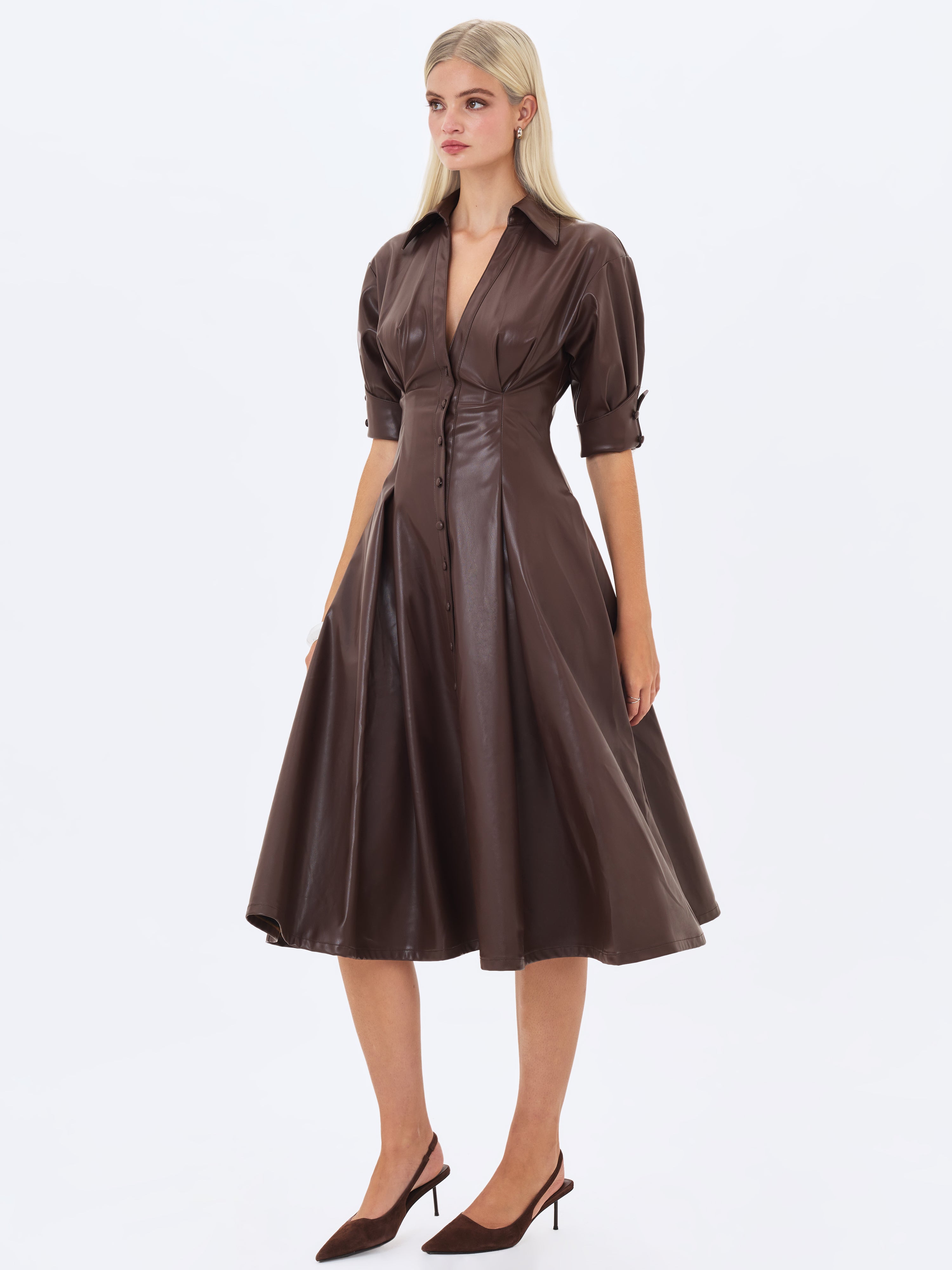 Vilda Espresso Brown Faux Leather Pleated Midi Dress