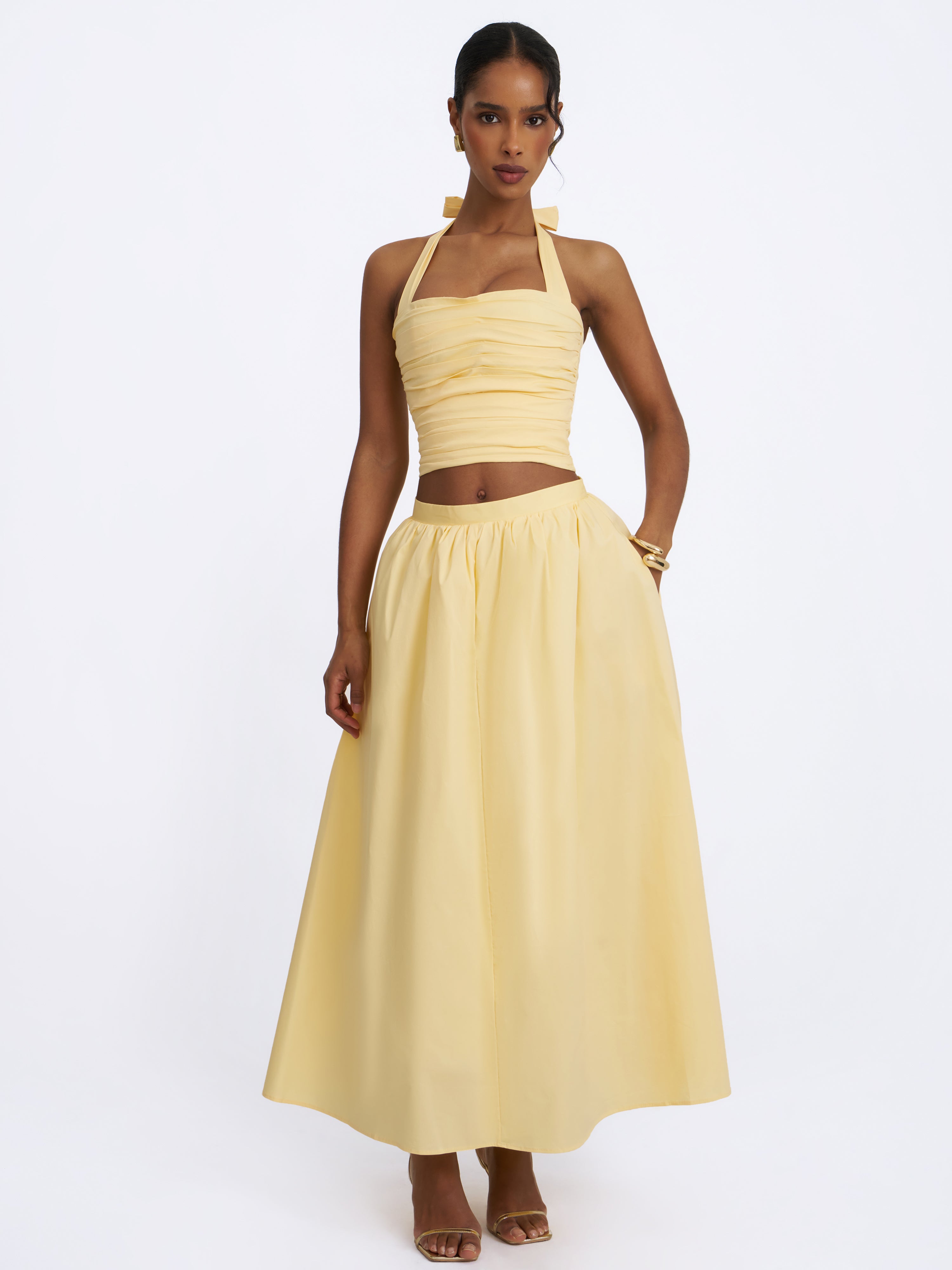 Wilsie Lemon Yellow Cotton Poplin Ruched Halter Top