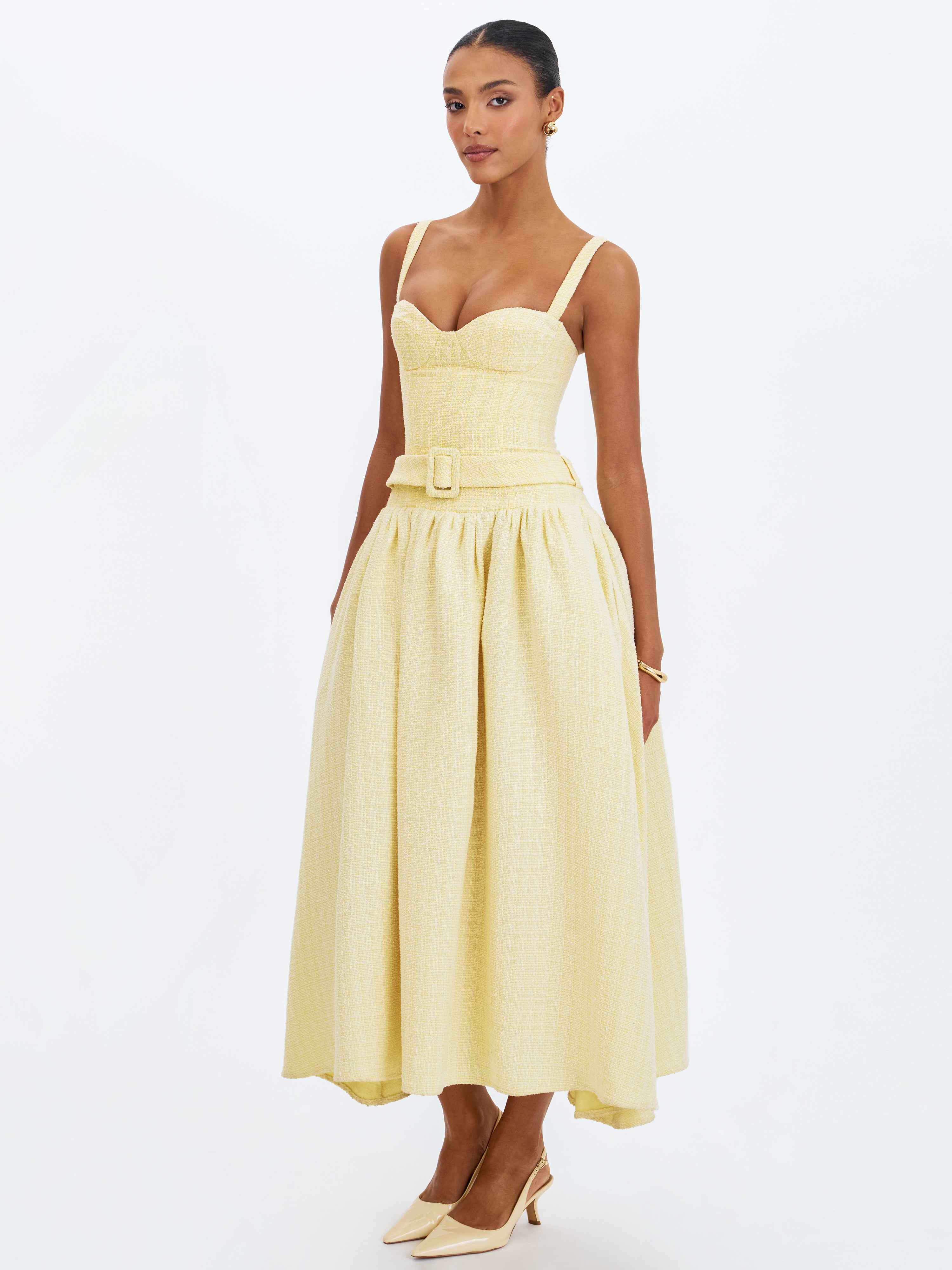 Tiana Butter Yellow Sweetheart Belted Midi Dress