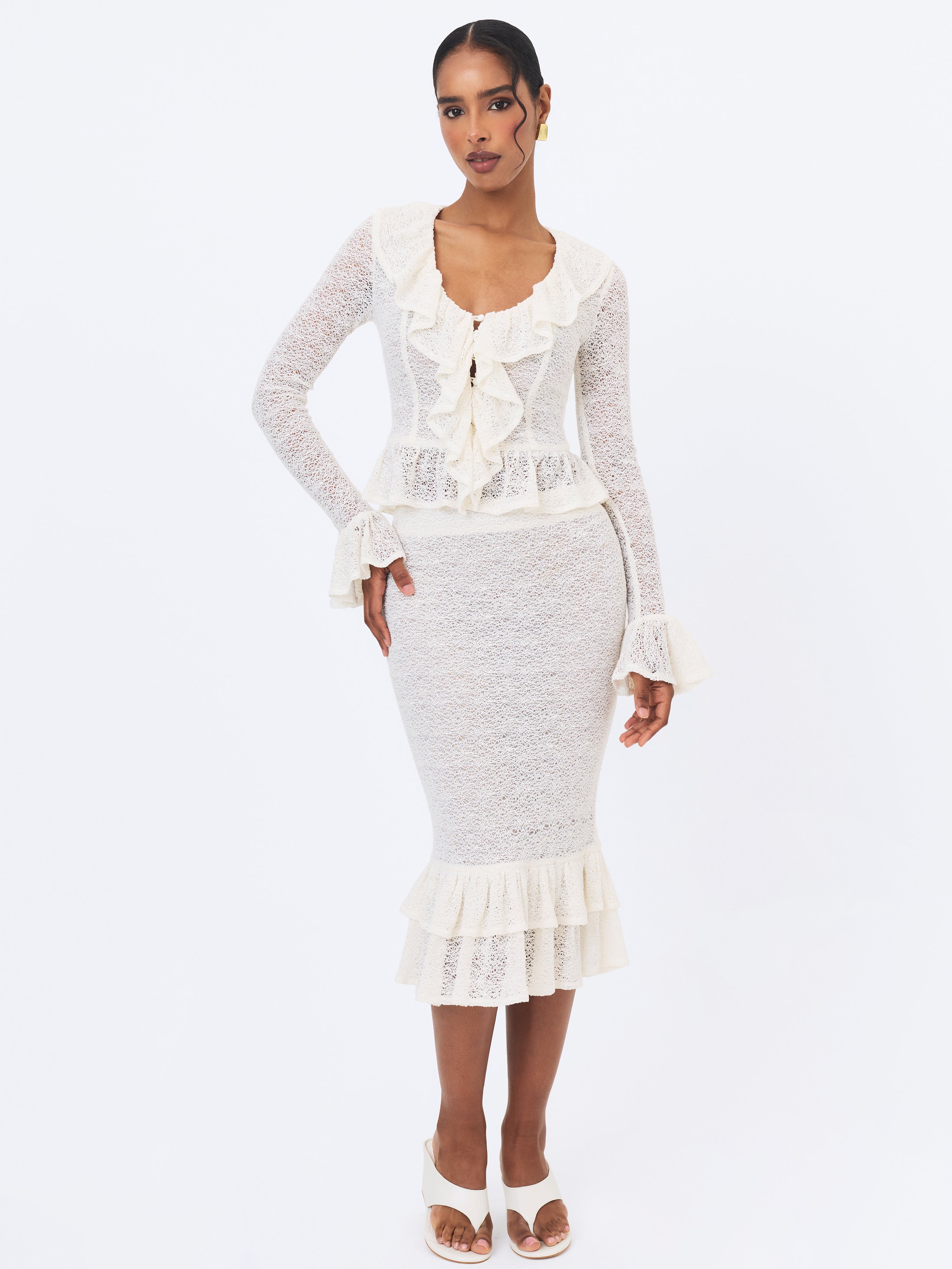 Urva Ivory Crochet Ruffle Front Button Top