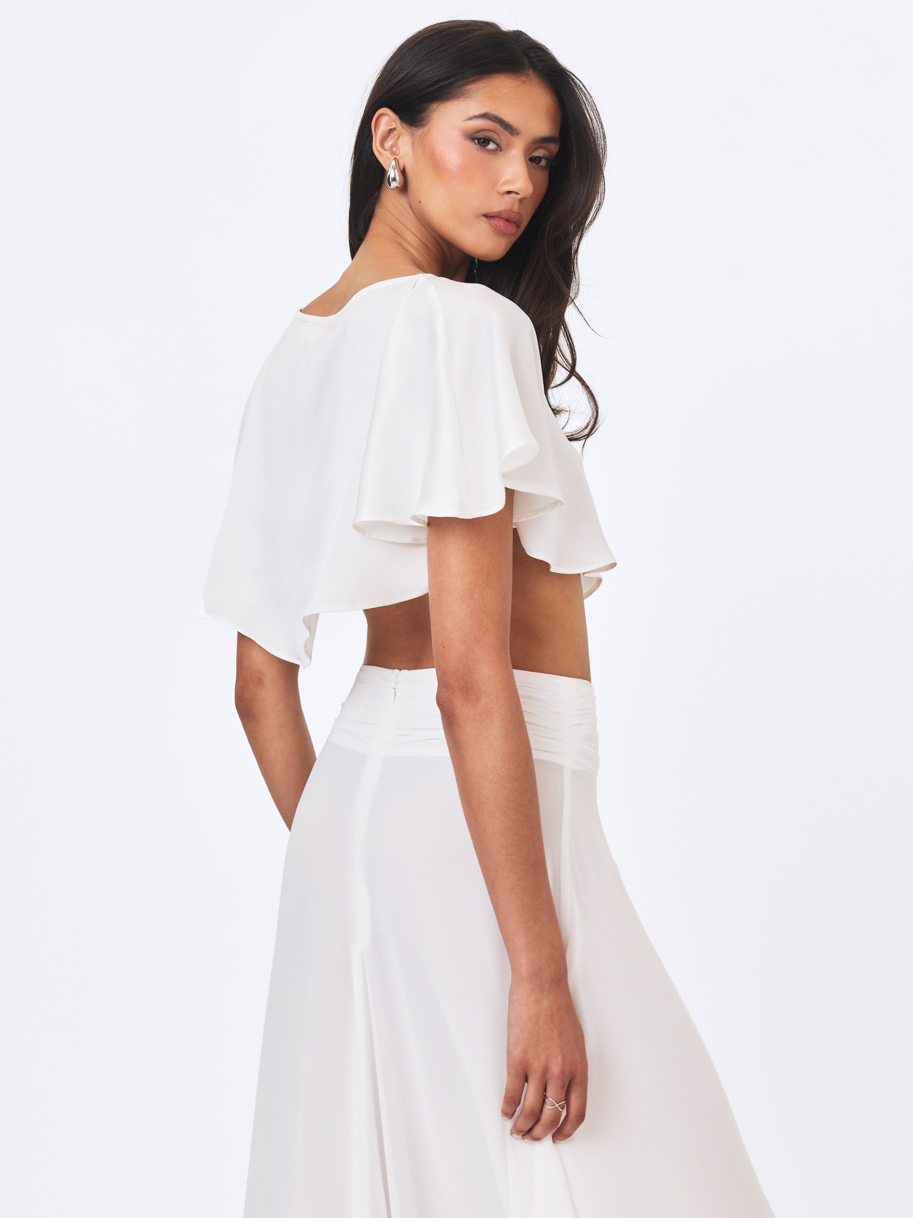 Yarae White Satin Boat Neck Cape Top