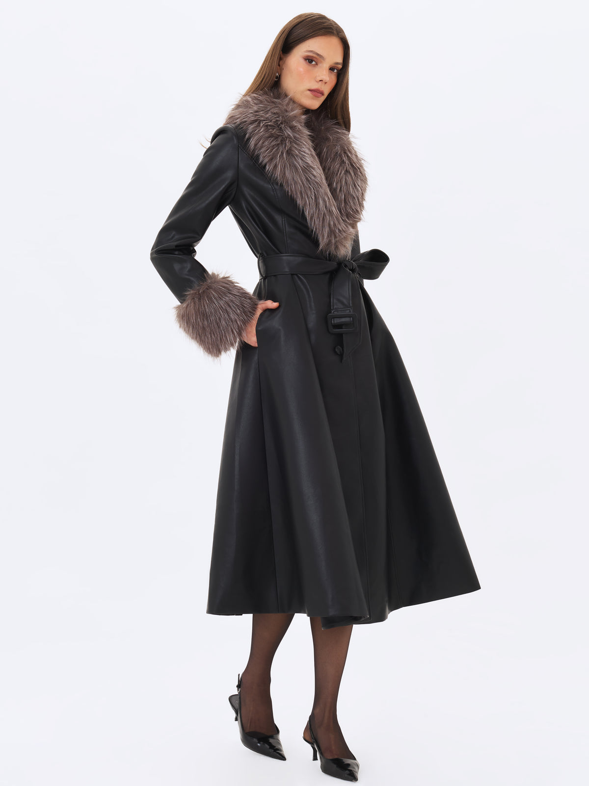 Nico Black Faux Leather Fur-Trimmed Belted A-Line Midi Coat