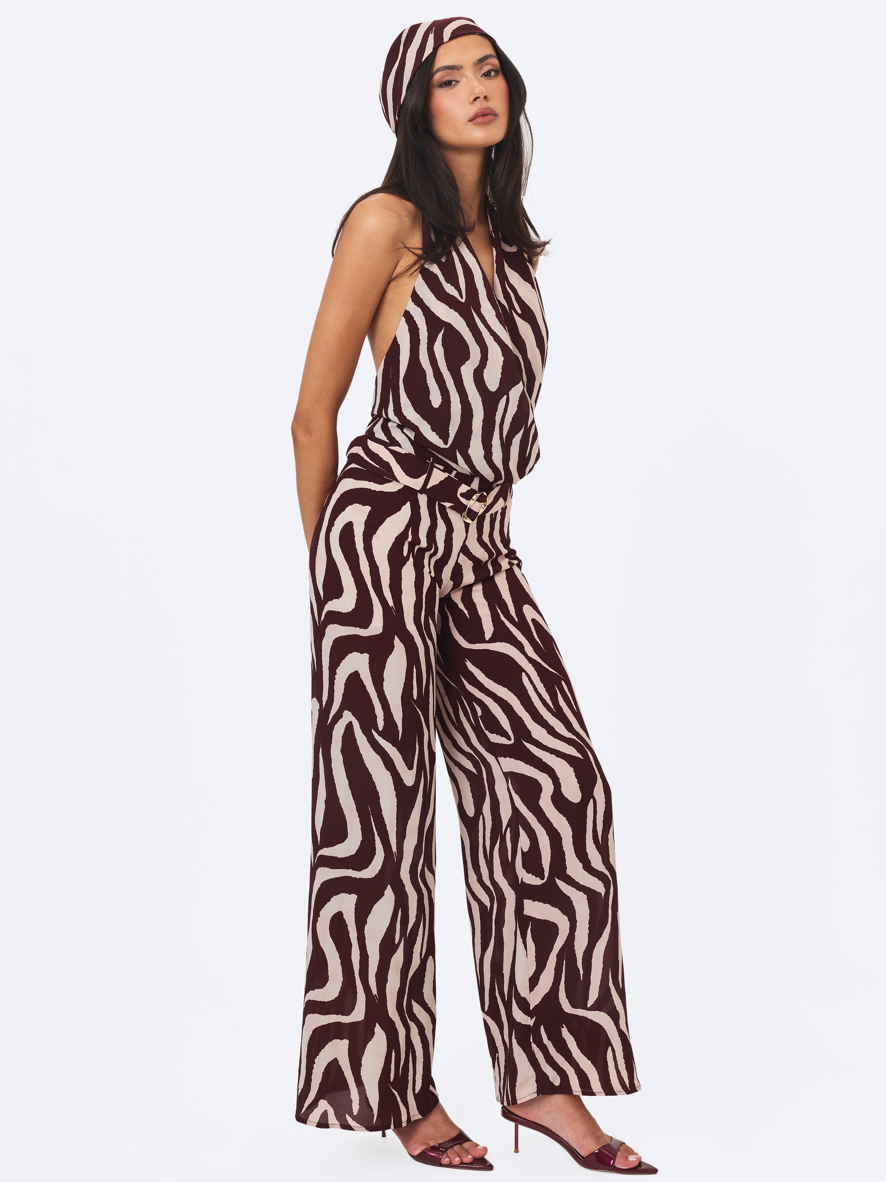Ashlyn Burgundy & Beige Abstract Zebra Print Belted Halter Jumpsuit