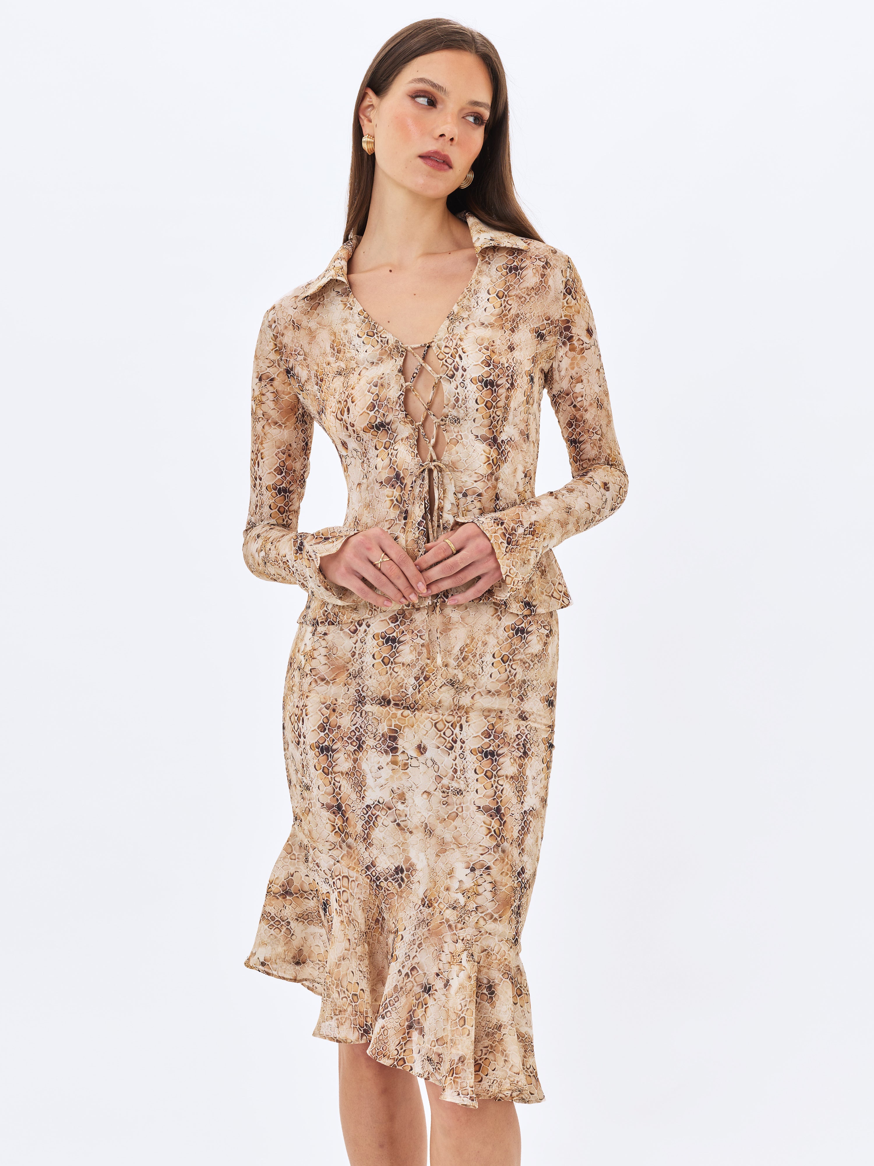 Umara Tan Reptile Print Chiffon Tie-Front Top