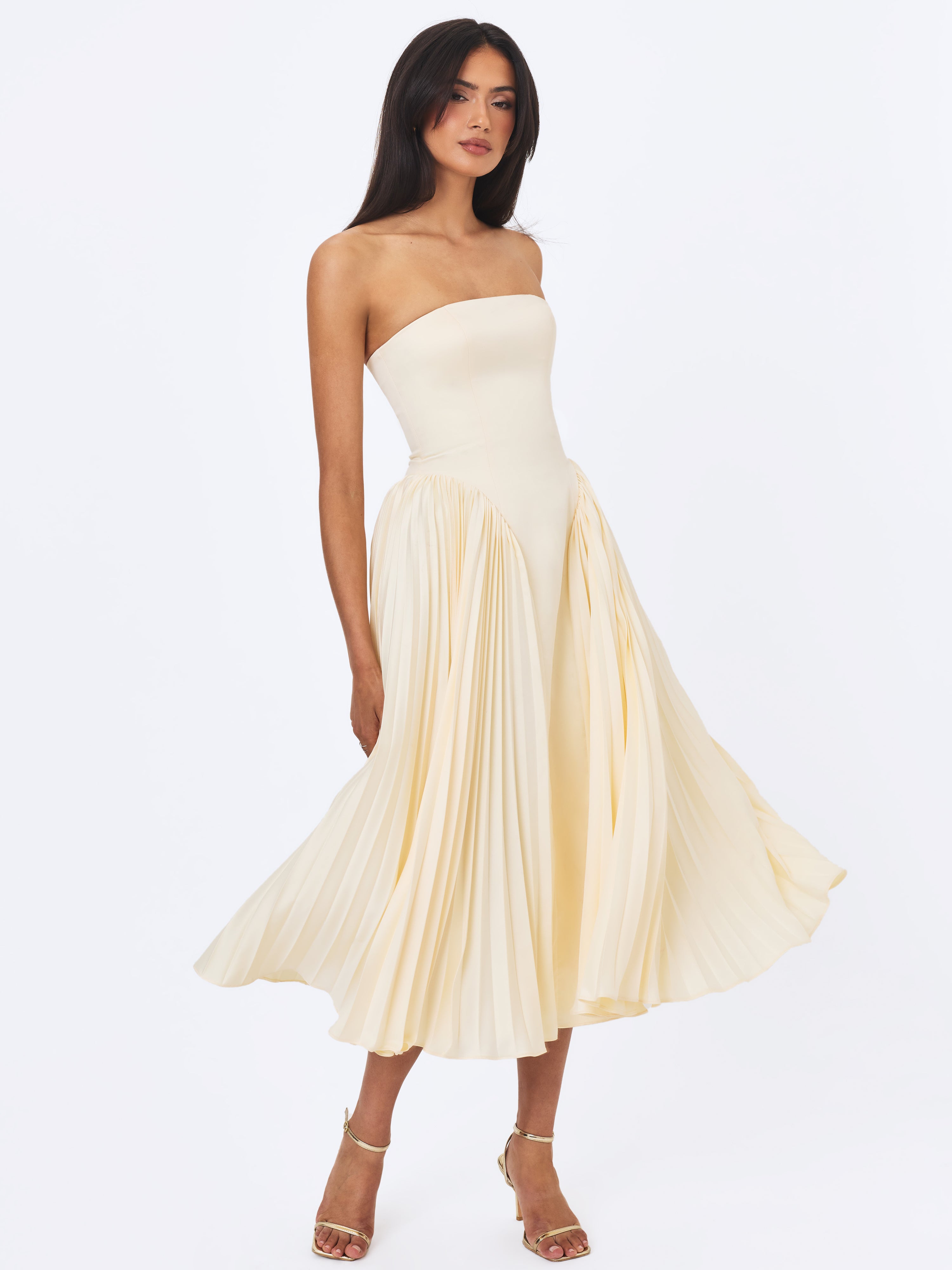 Marnie Butter Yellow Pleated Satin Midi Dress
