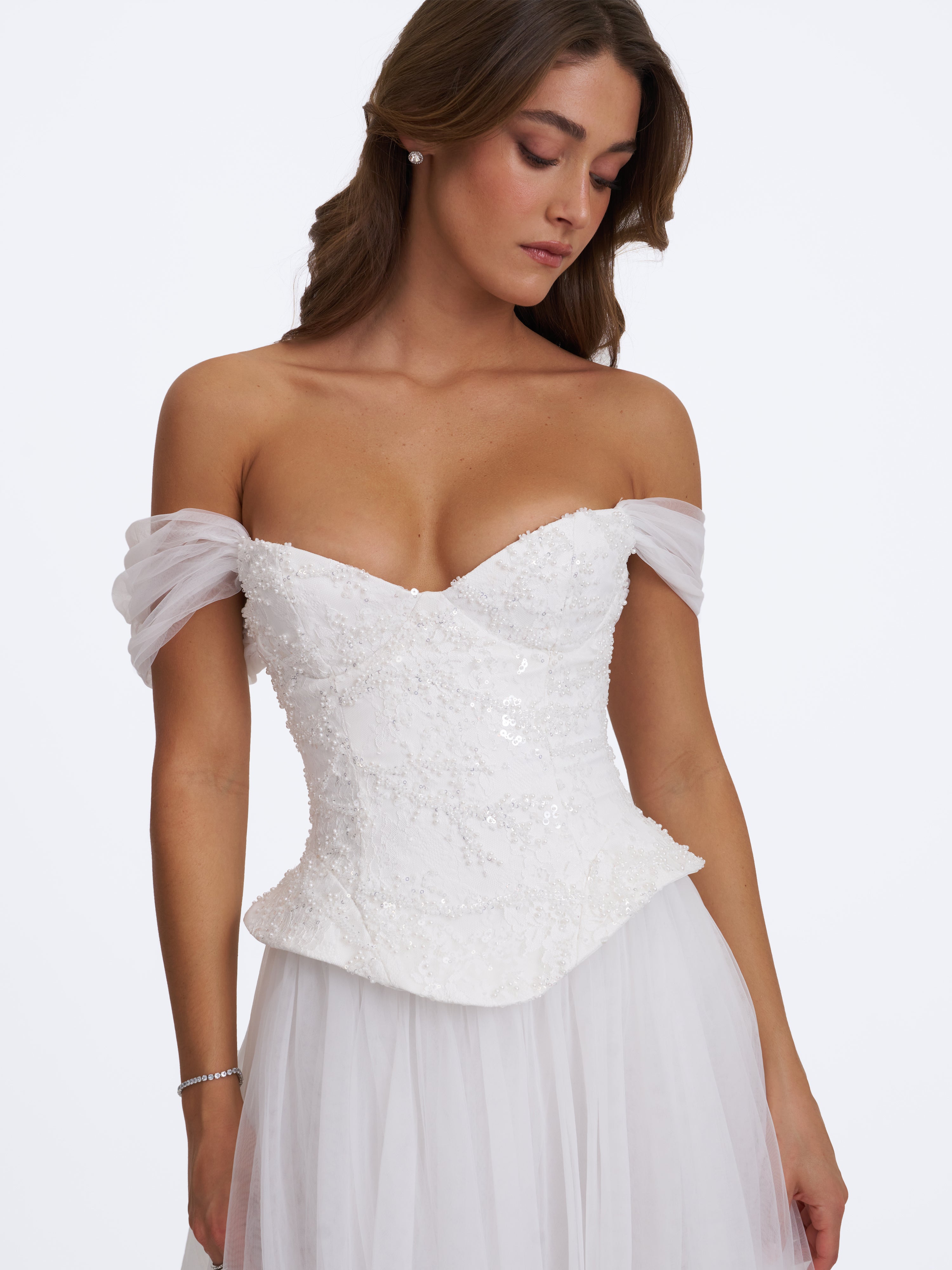 Jianna White Beaded Peplum Bardot Neckline Wedding Gown