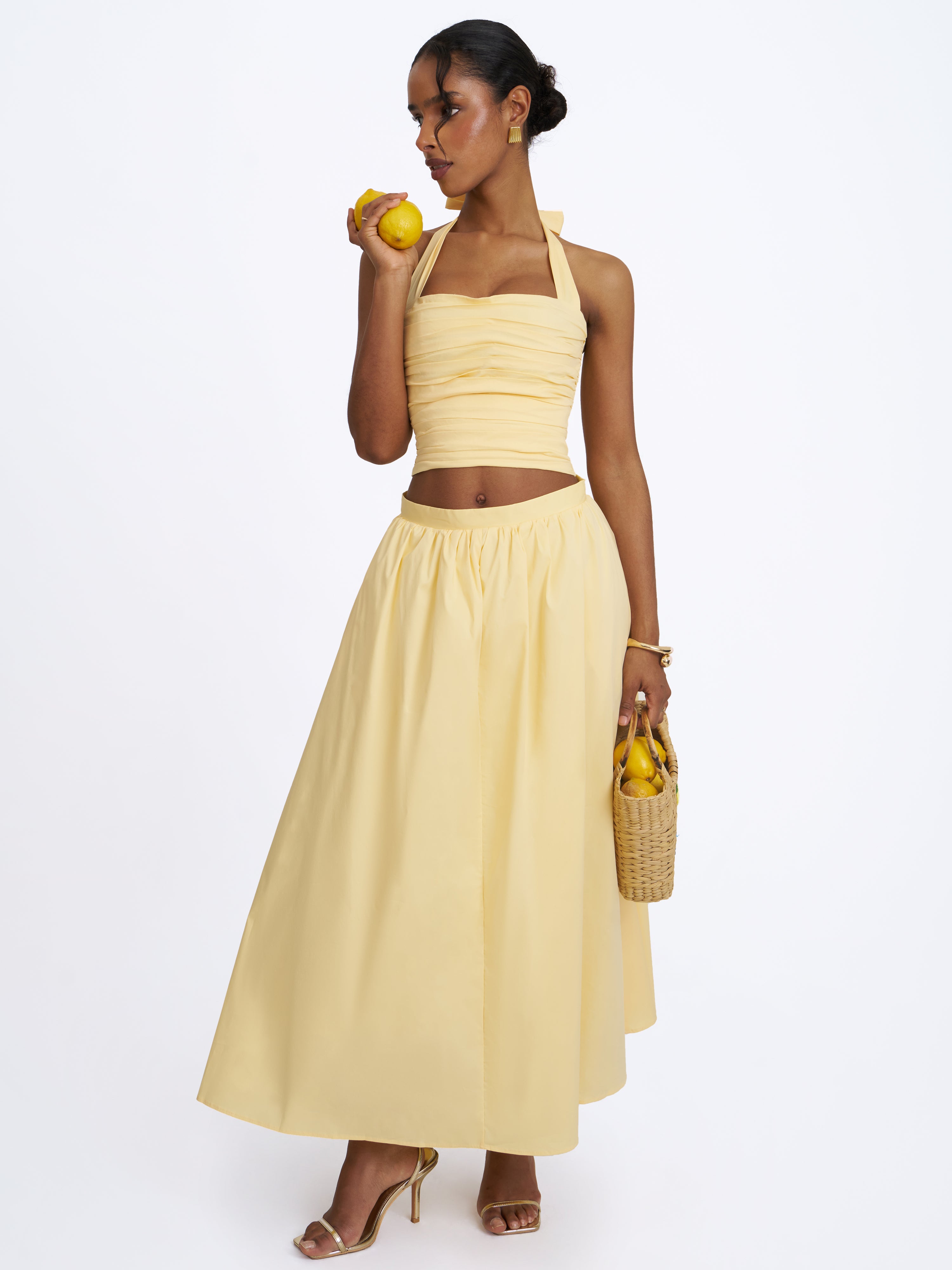 Wilsie Lemon Yellow Cotton Poplin Ruched Halter Top