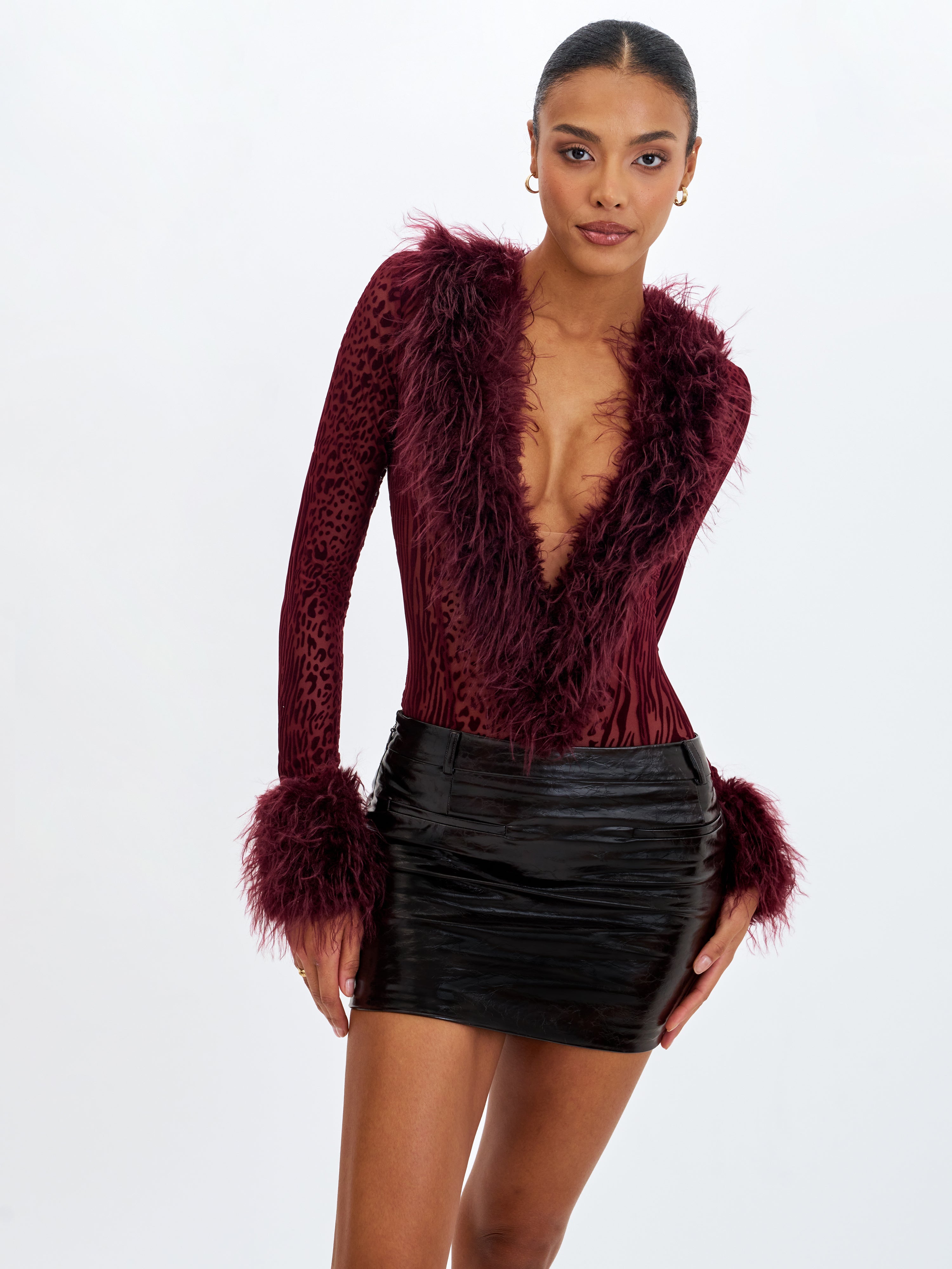 Valene Burgundy Burnout Velvet Fur-Trim Bodysuit