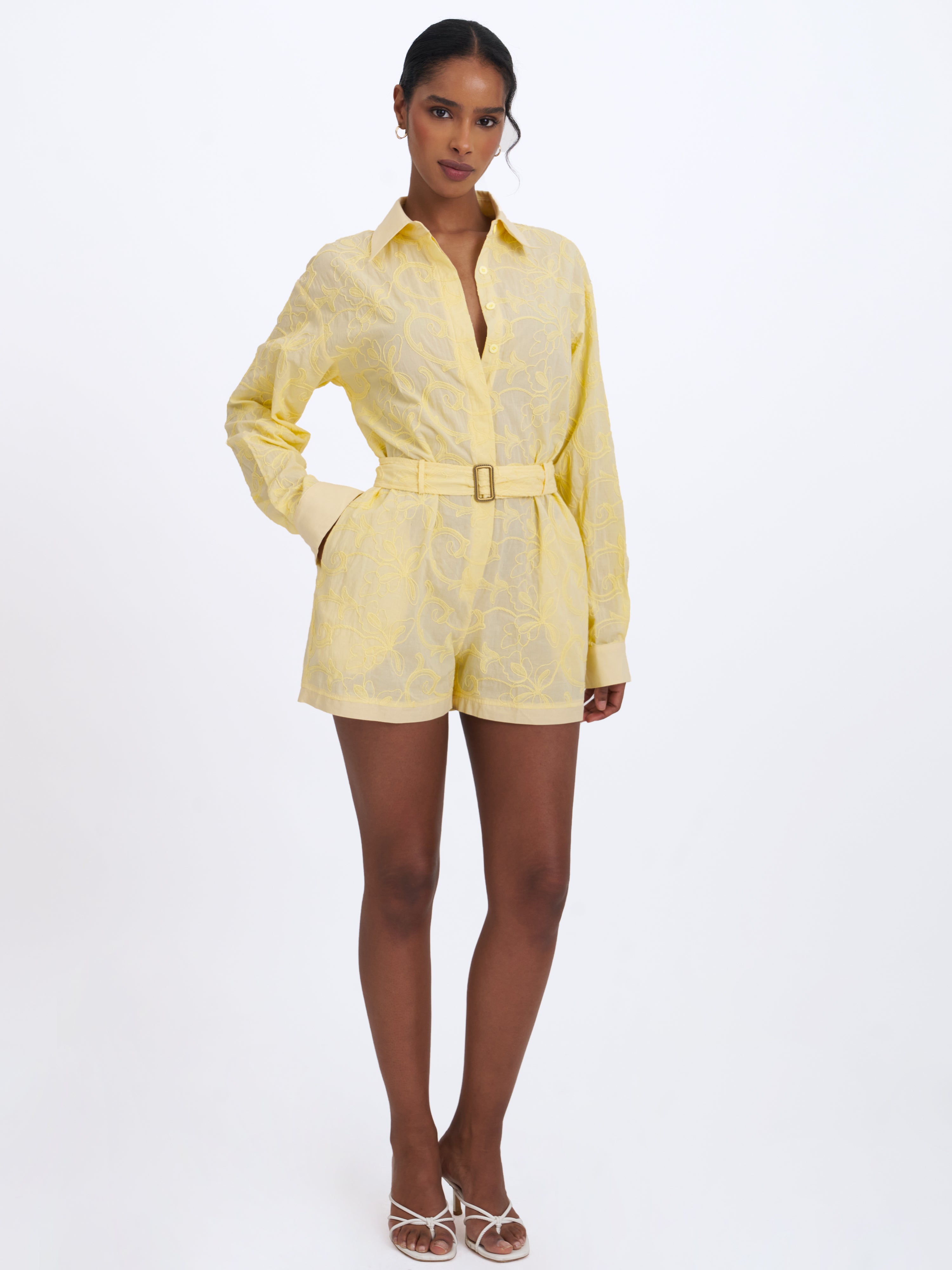 Malou Lemon Yellow Embroidered Poplin Belted Shirt Romper