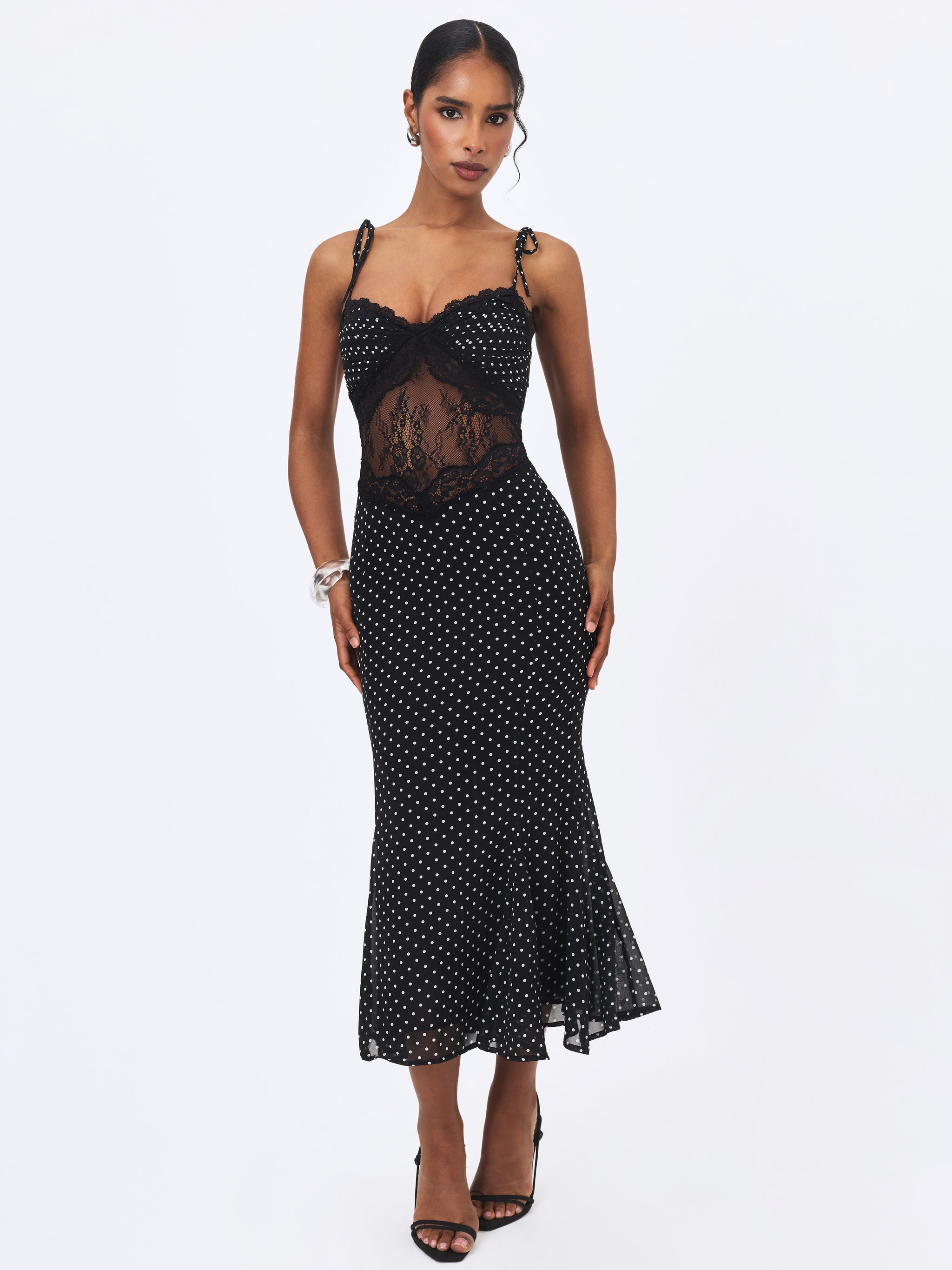 Zehra Black Polka Dot Chiffon Lace Cutout Mermaid Midi Dress