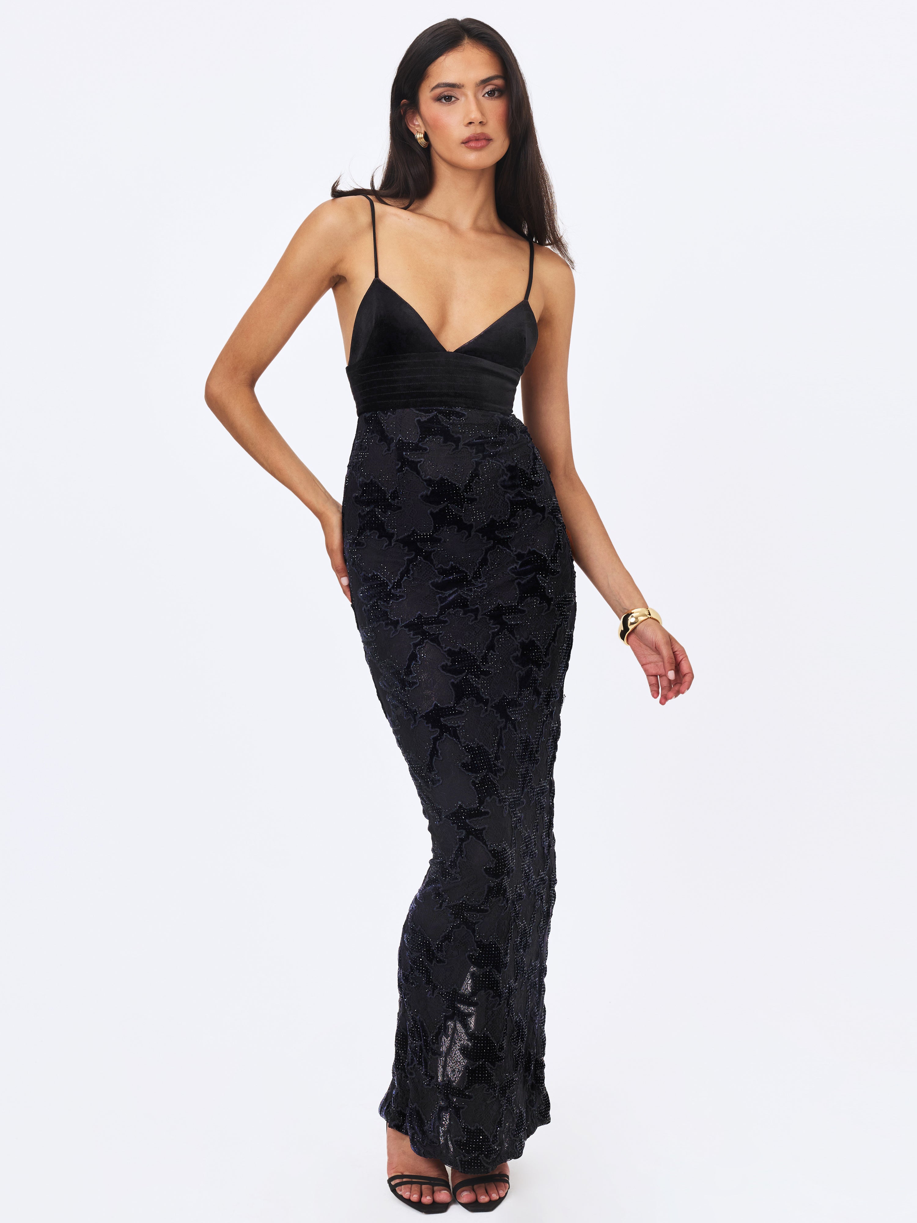 Quinsley Black Velvet Crystal Lace Maxi Dress