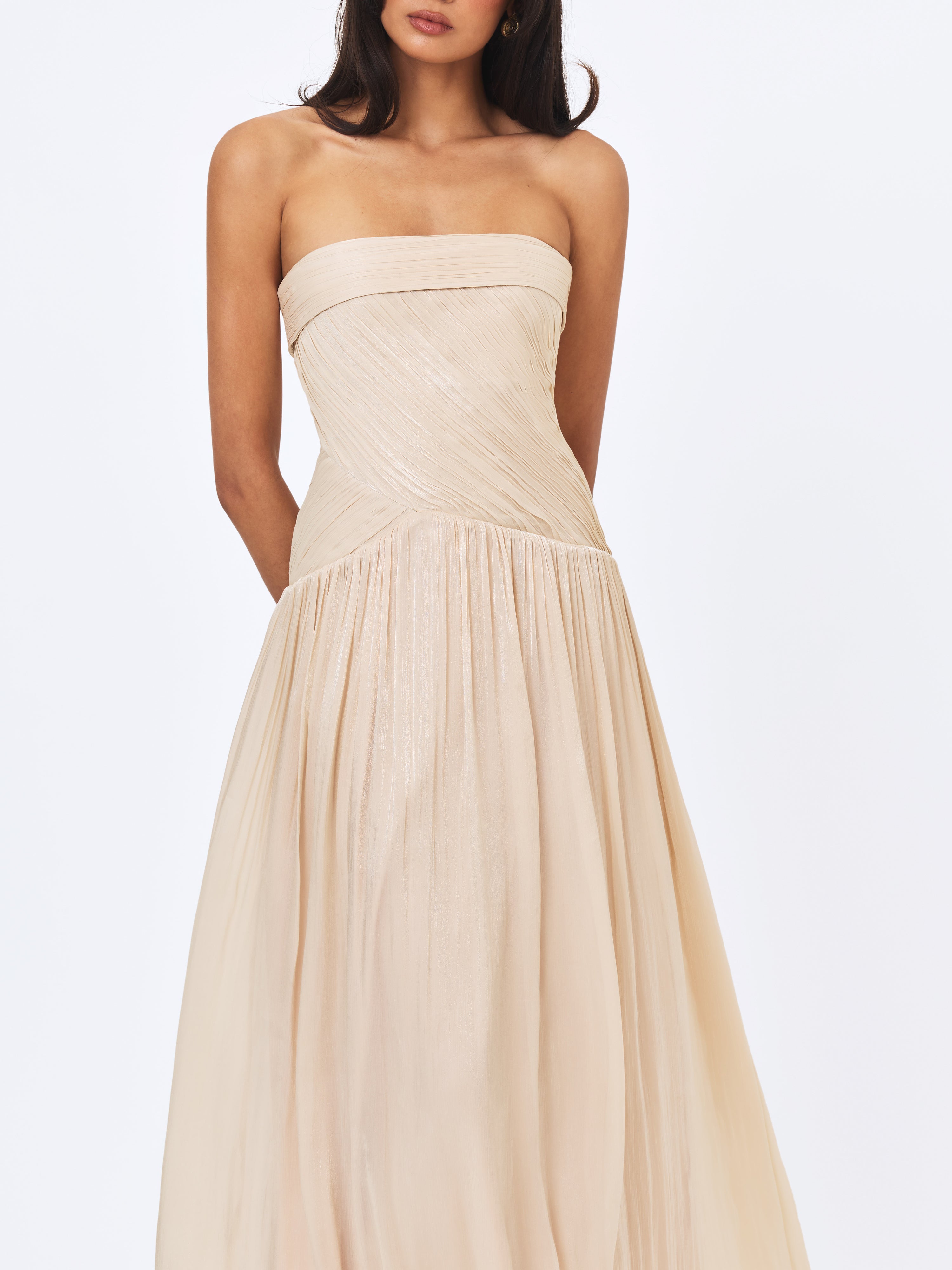 Olivine Light Beige Crystal Organza Strapless Maxi Dress