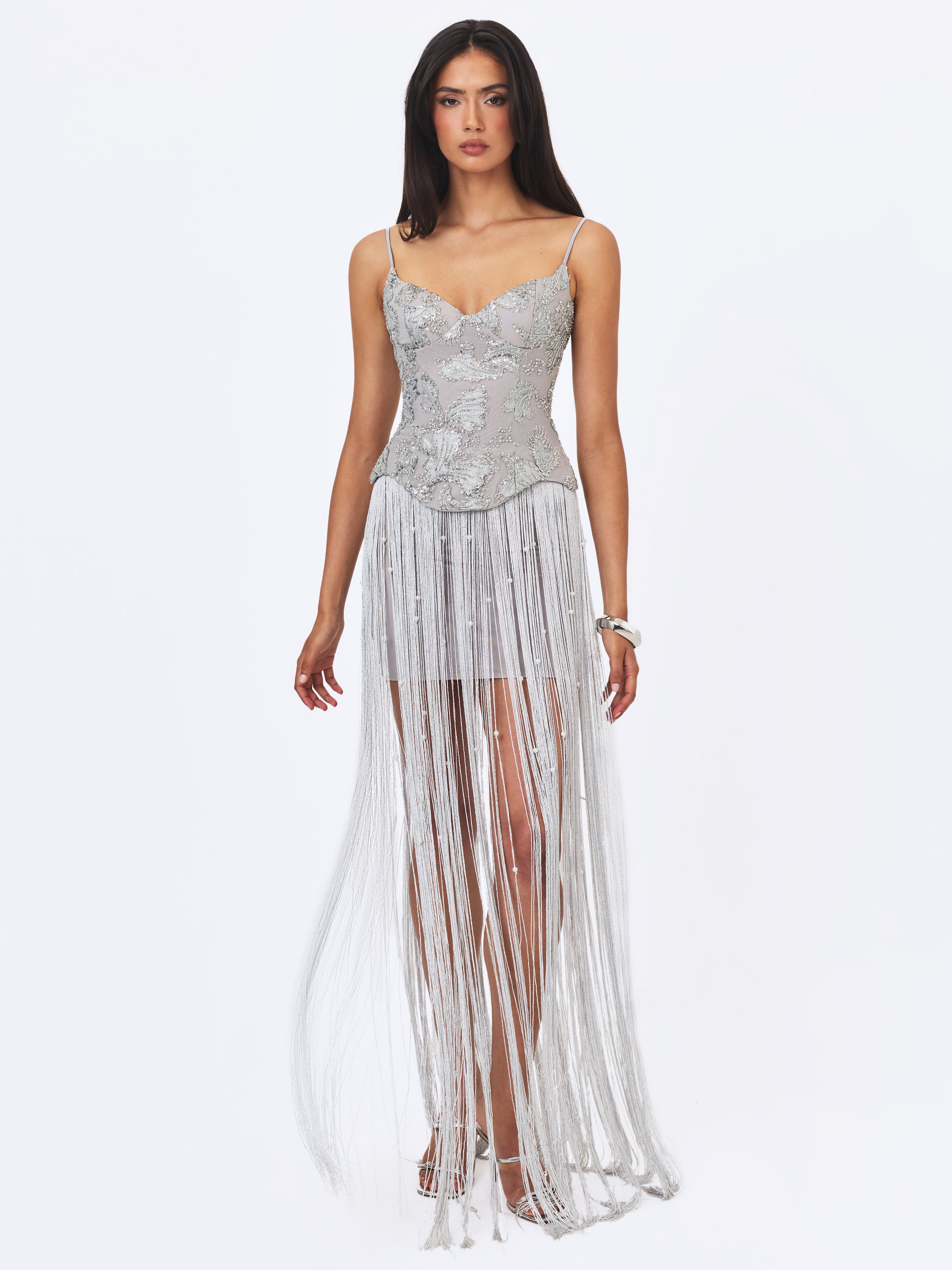 Olisa Silver Beaded Peplum Tassel Maxi Dress