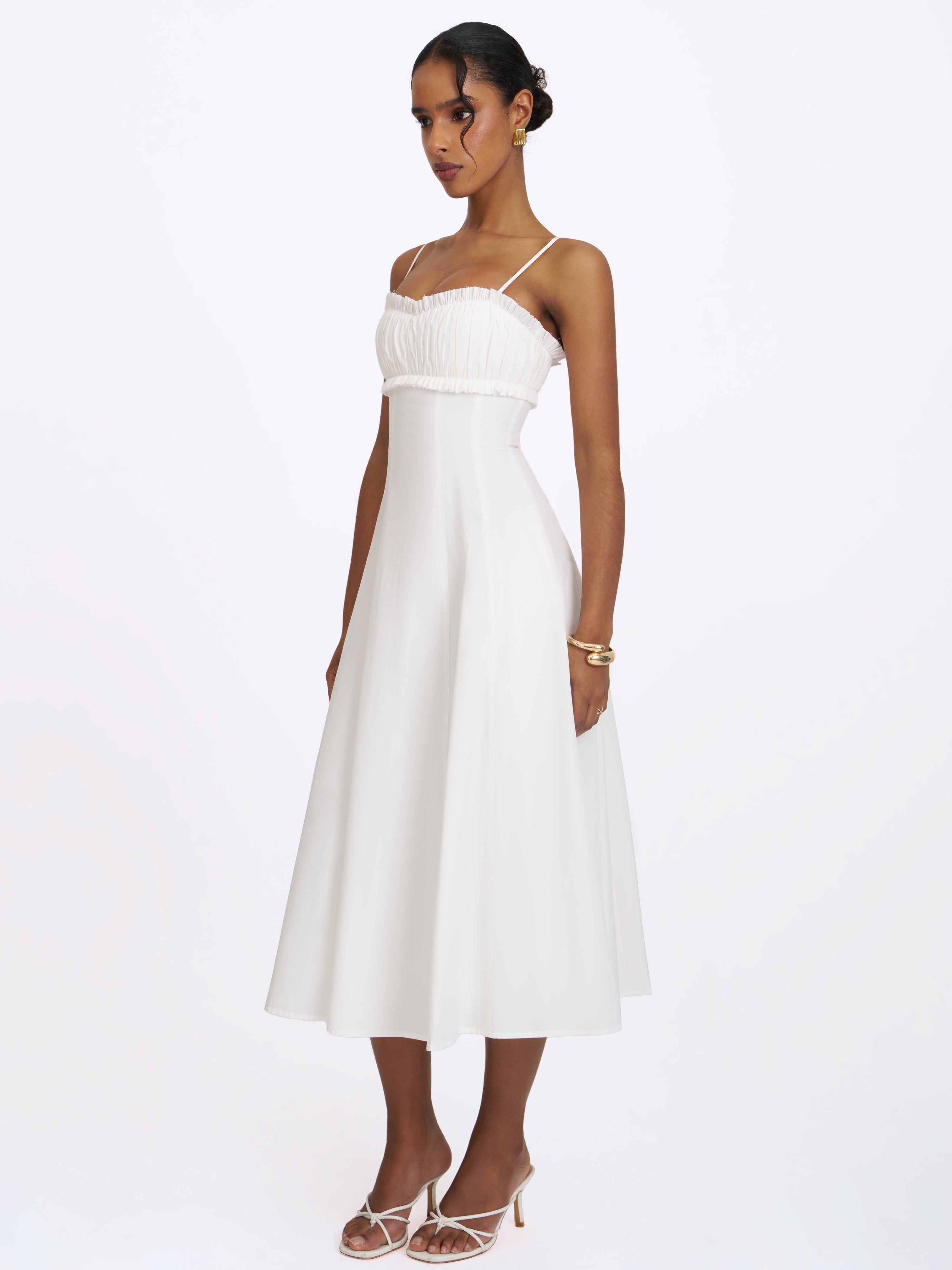 Vicenta White Cotton Poplin Ruched Midi Dress