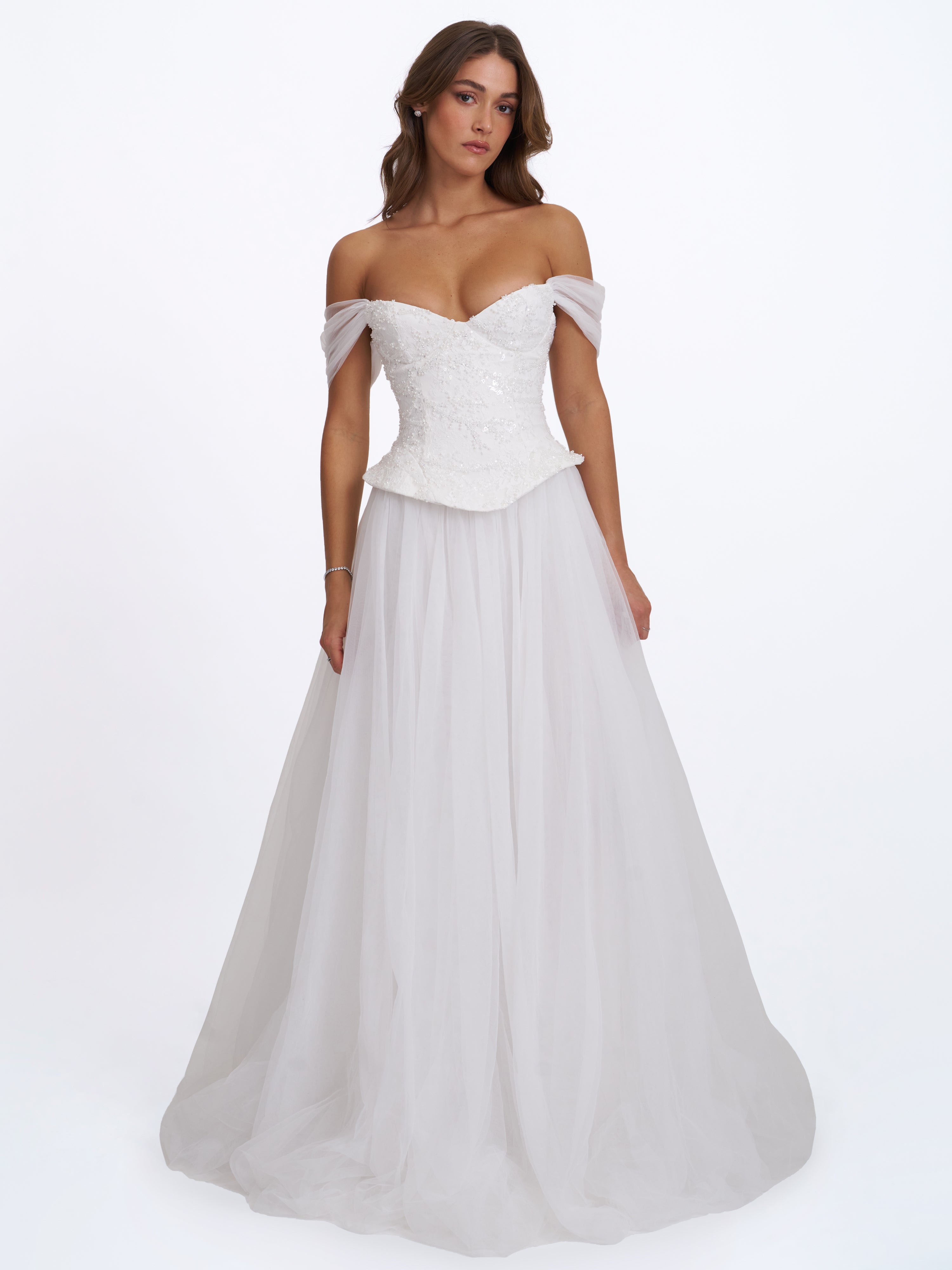 Jianna White Beaded Peplum Bardot Neckline Wedding Gown