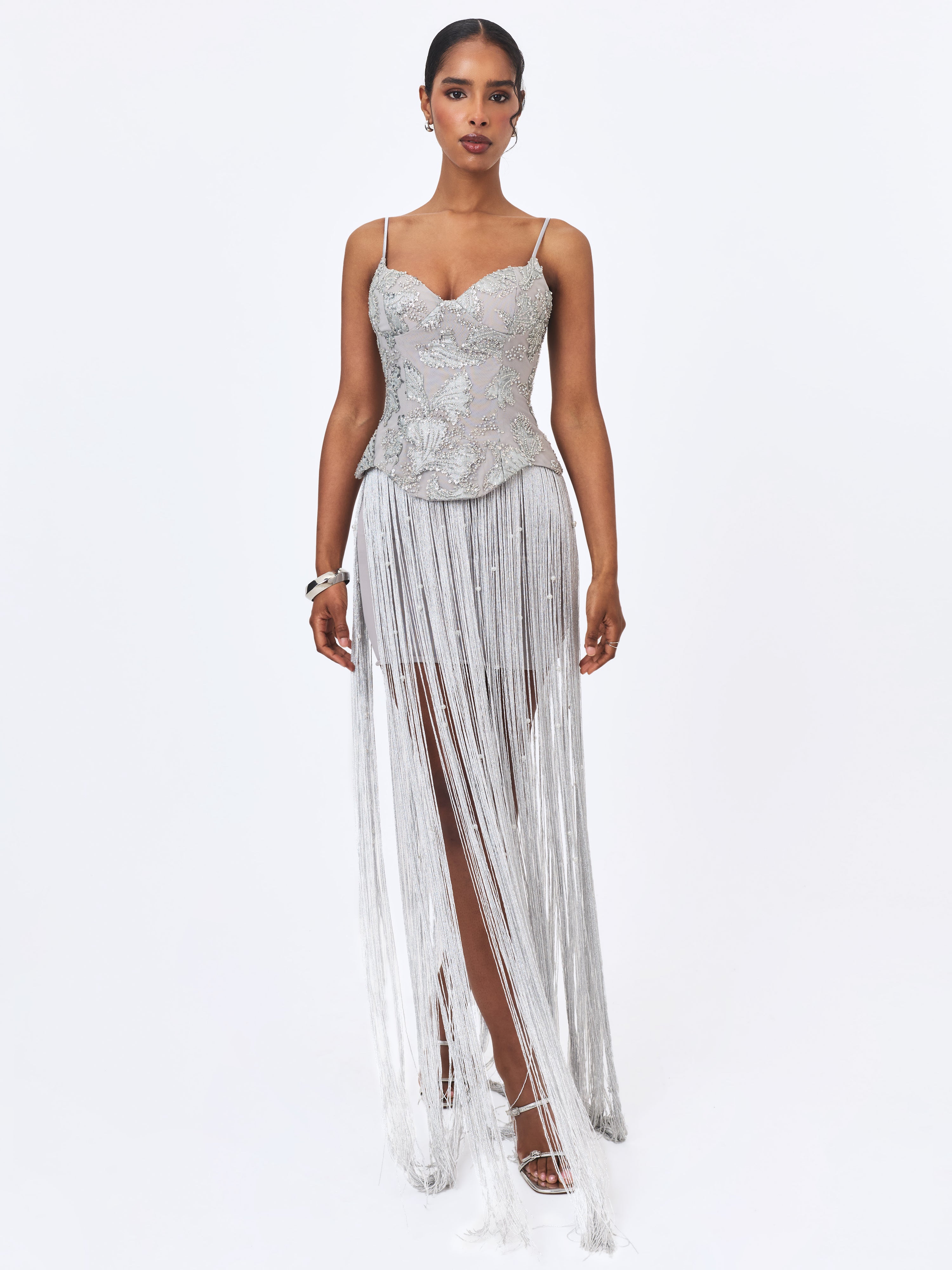 Olisa Silver Beaded Peplum Tassel Maxi Dress