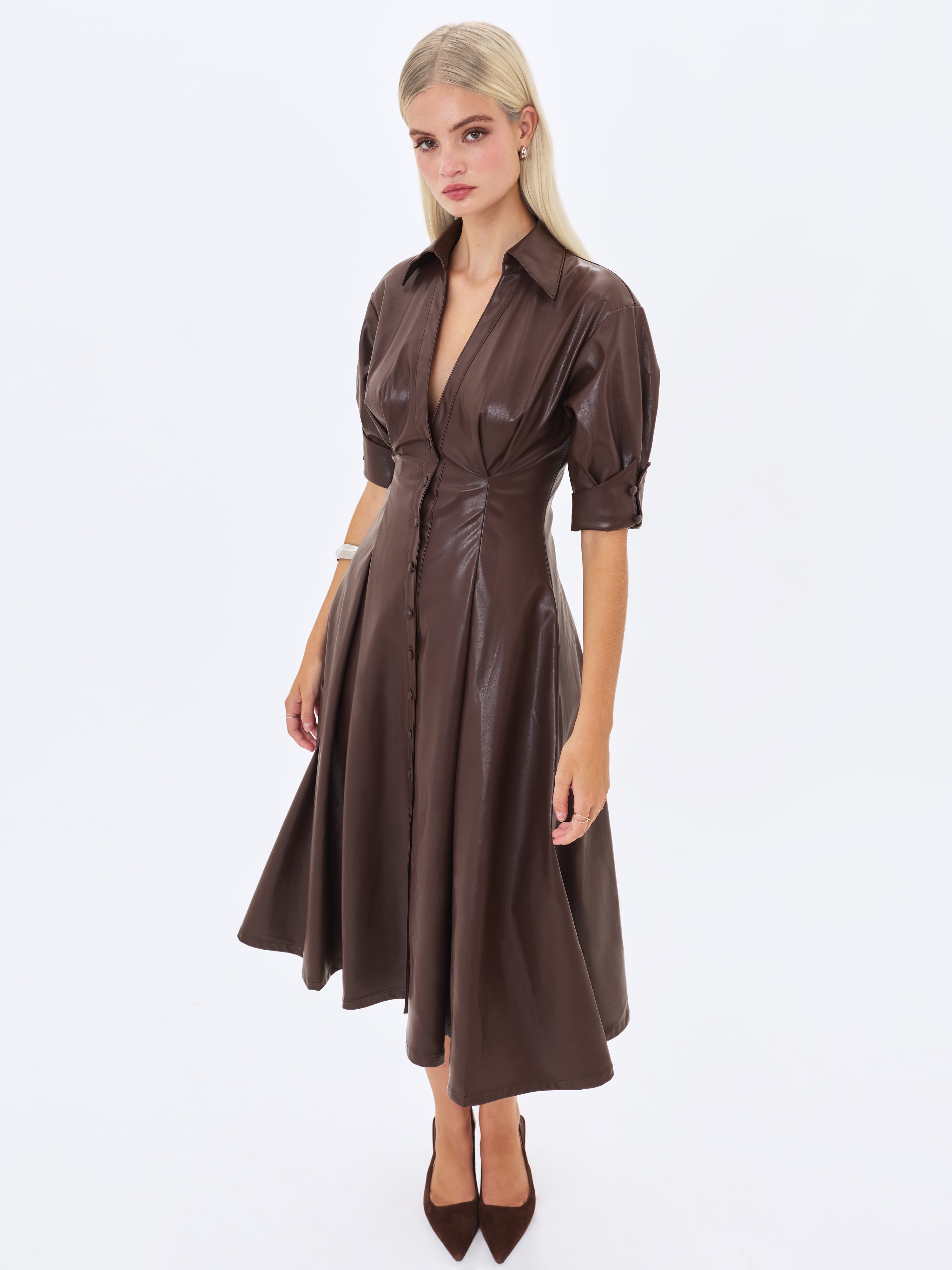 Vilda Espresso Brown Faux Leather Pleated Midi Dress