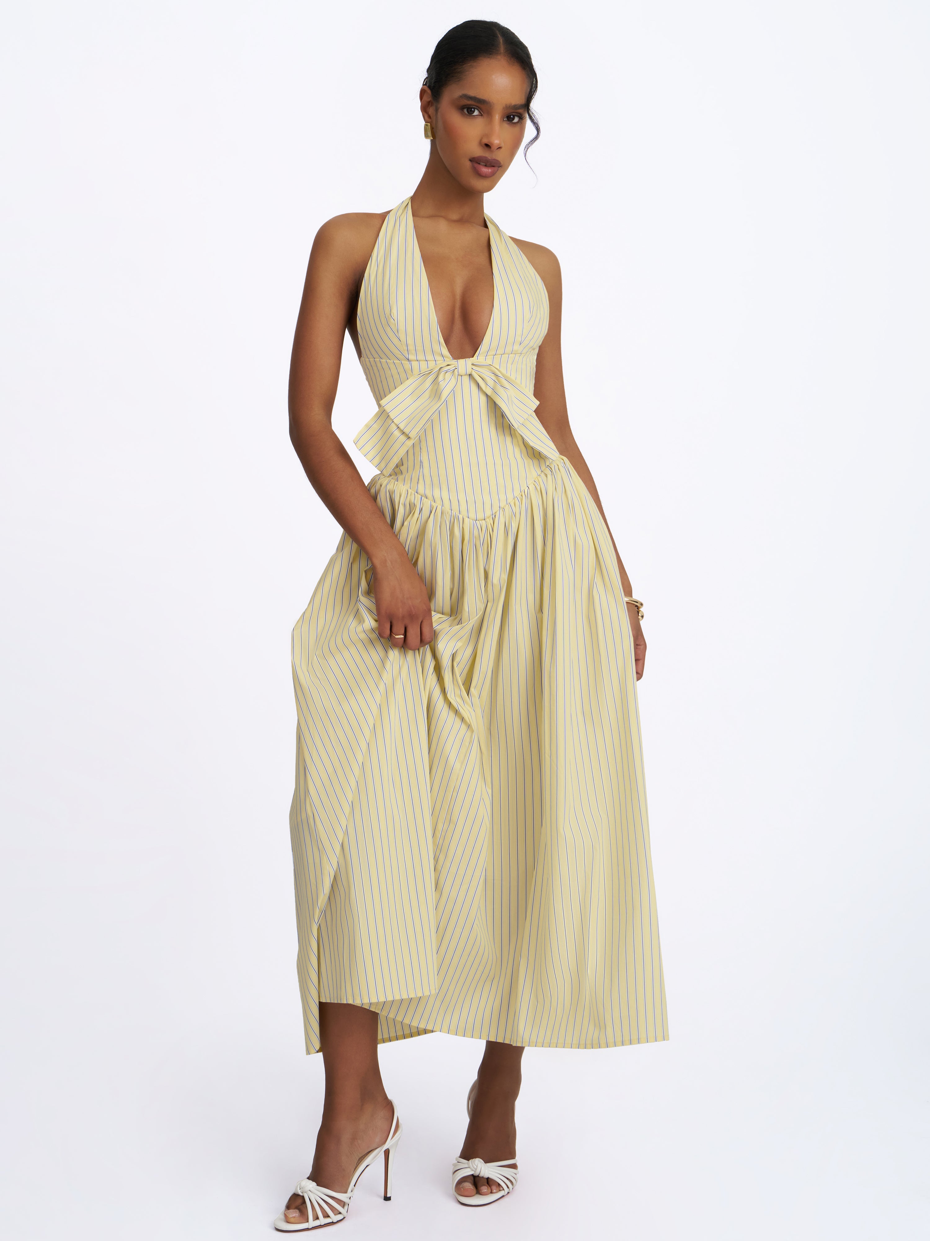 Talise Lemon Yellow Cotton Poplin Stripe Plunging Halter Maxi Dress