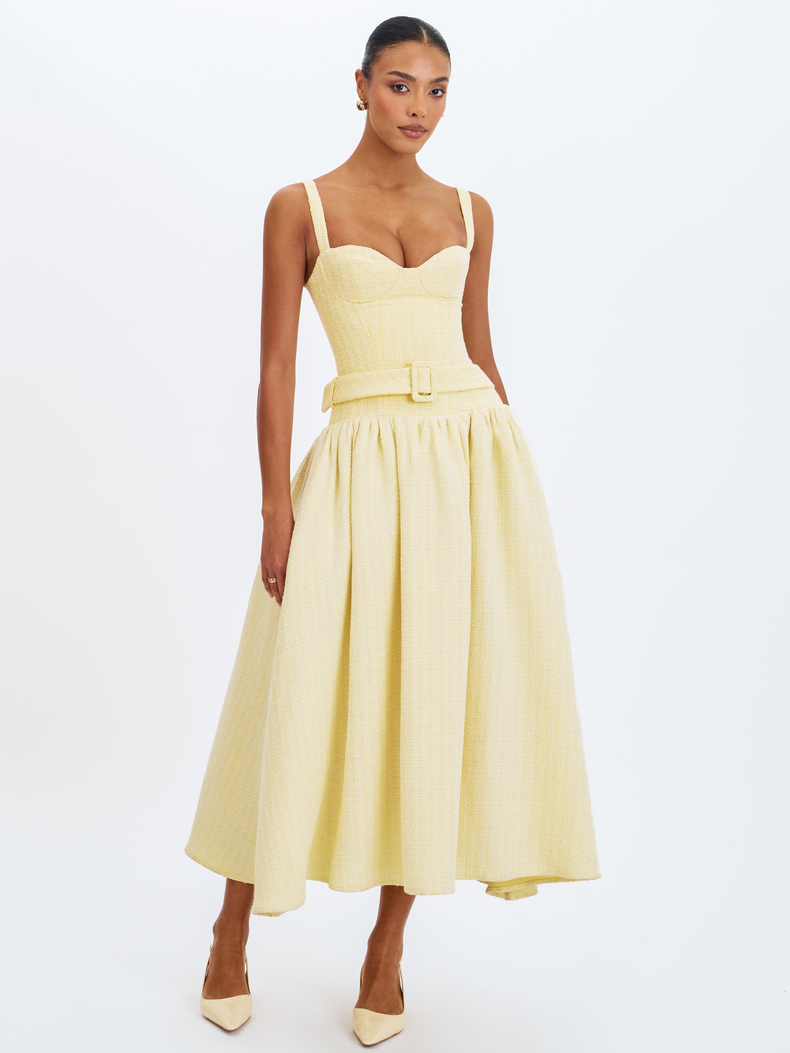 Tiana Butter Yellow Sweetheart Belted Midi Dress
