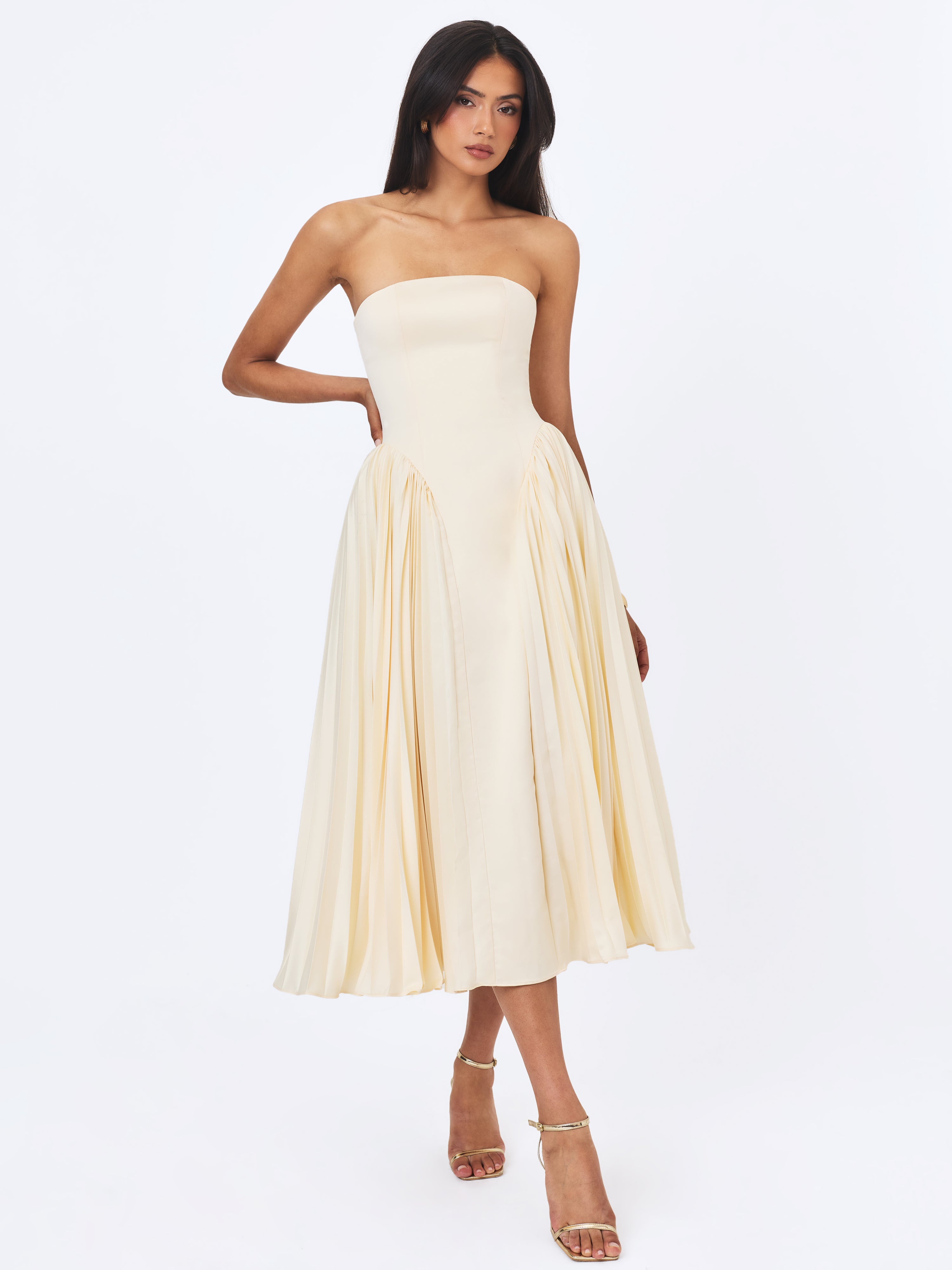 Marnie Butter Yellow Pleated Satin Midi Dress