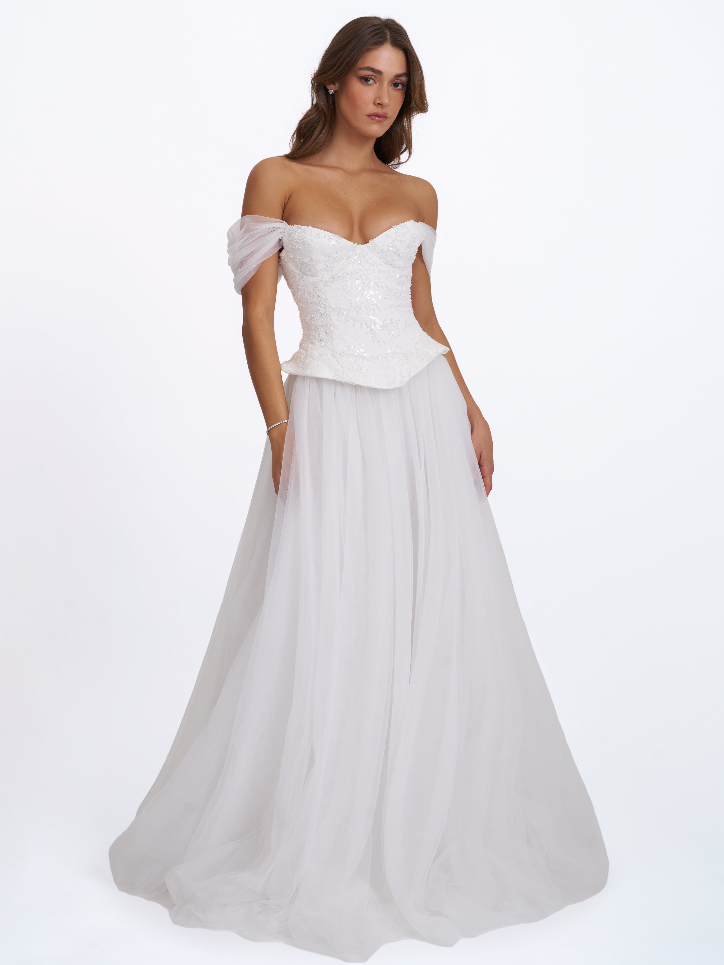 Jianna White Beaded Peplum Bardot Neckline Wedding Gown