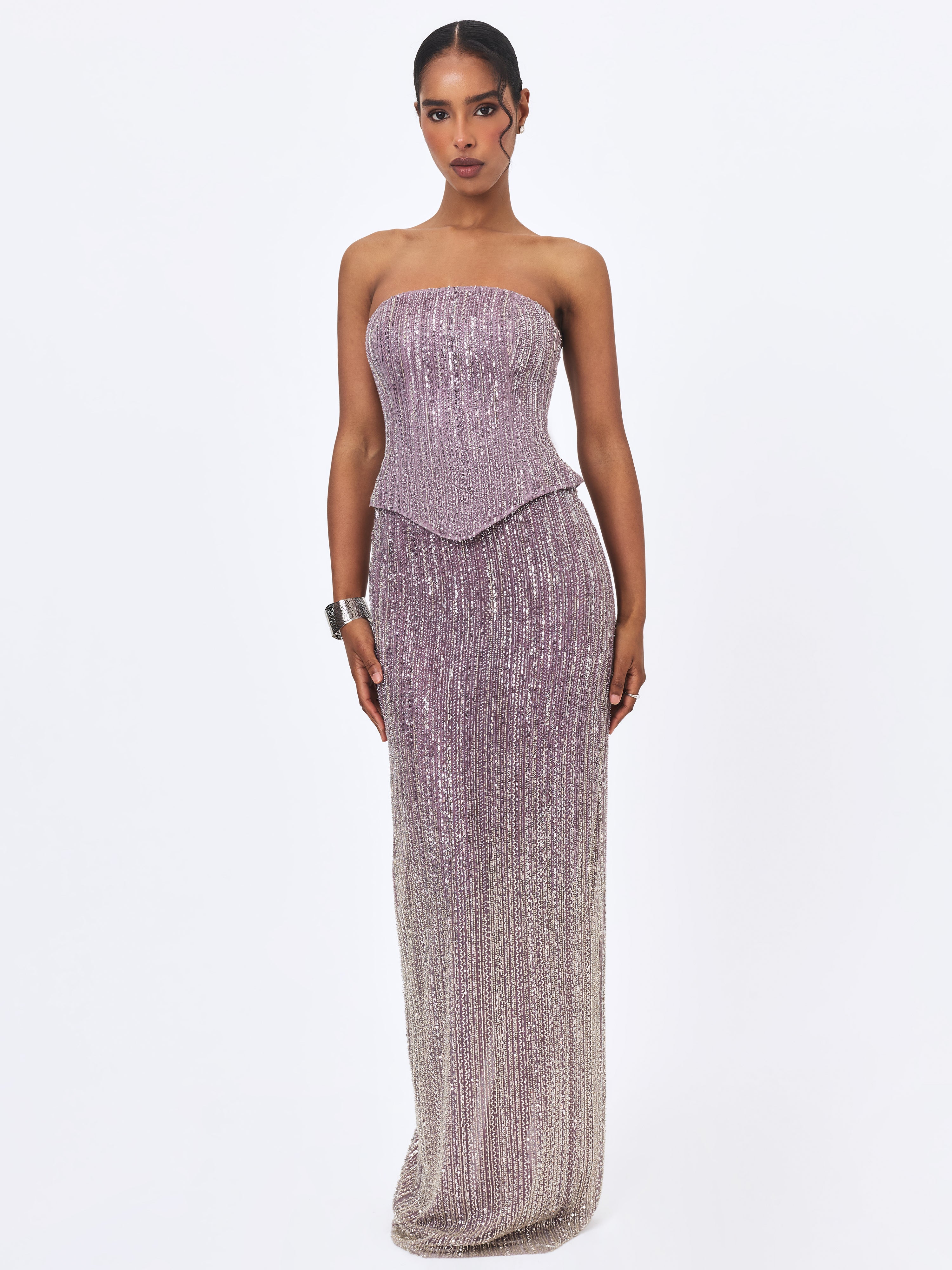 Tosca Beaded Purple Gradient Strapless Peplum Maxi Dress